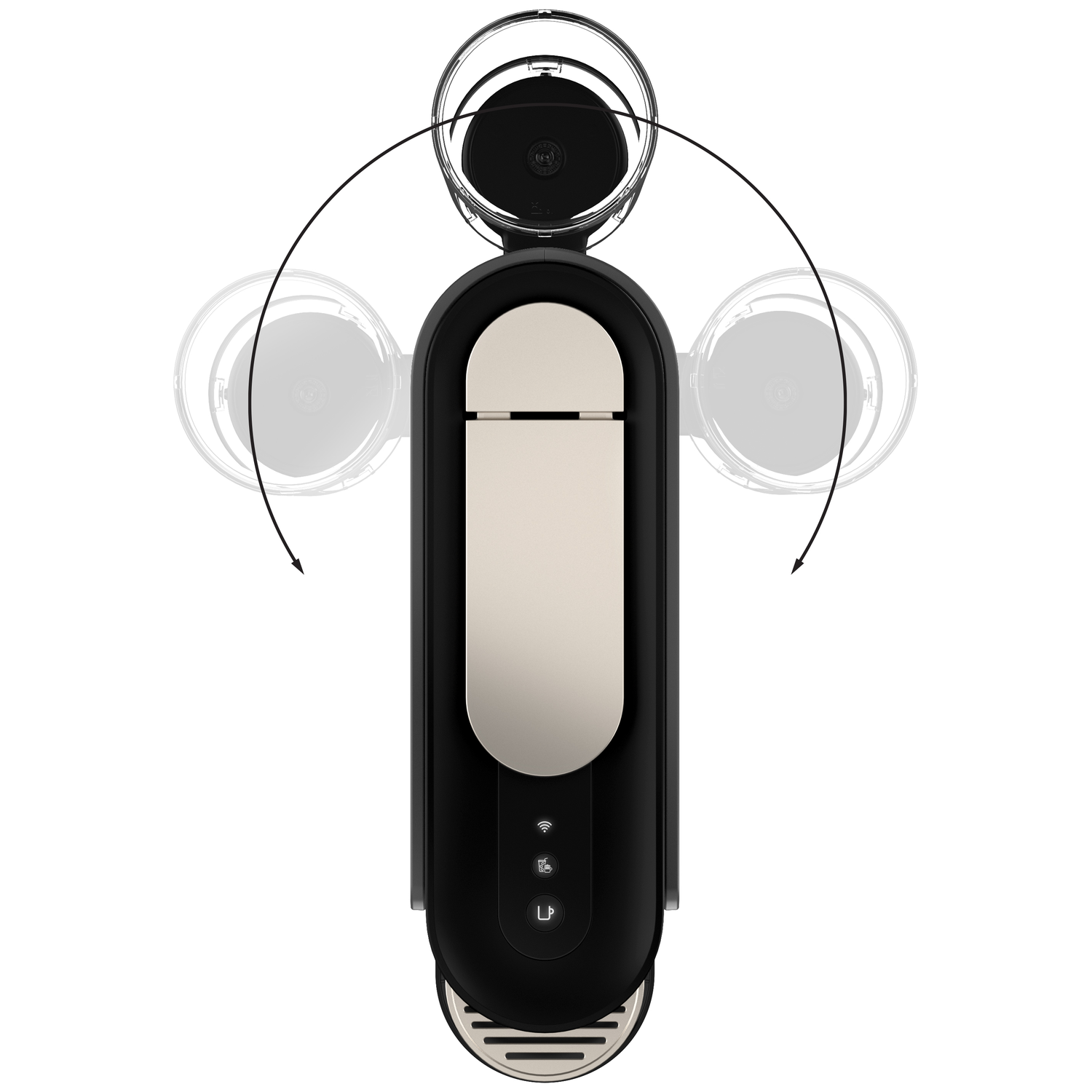 Black coffee machine with beige flap and icons. Shows rotation motion.