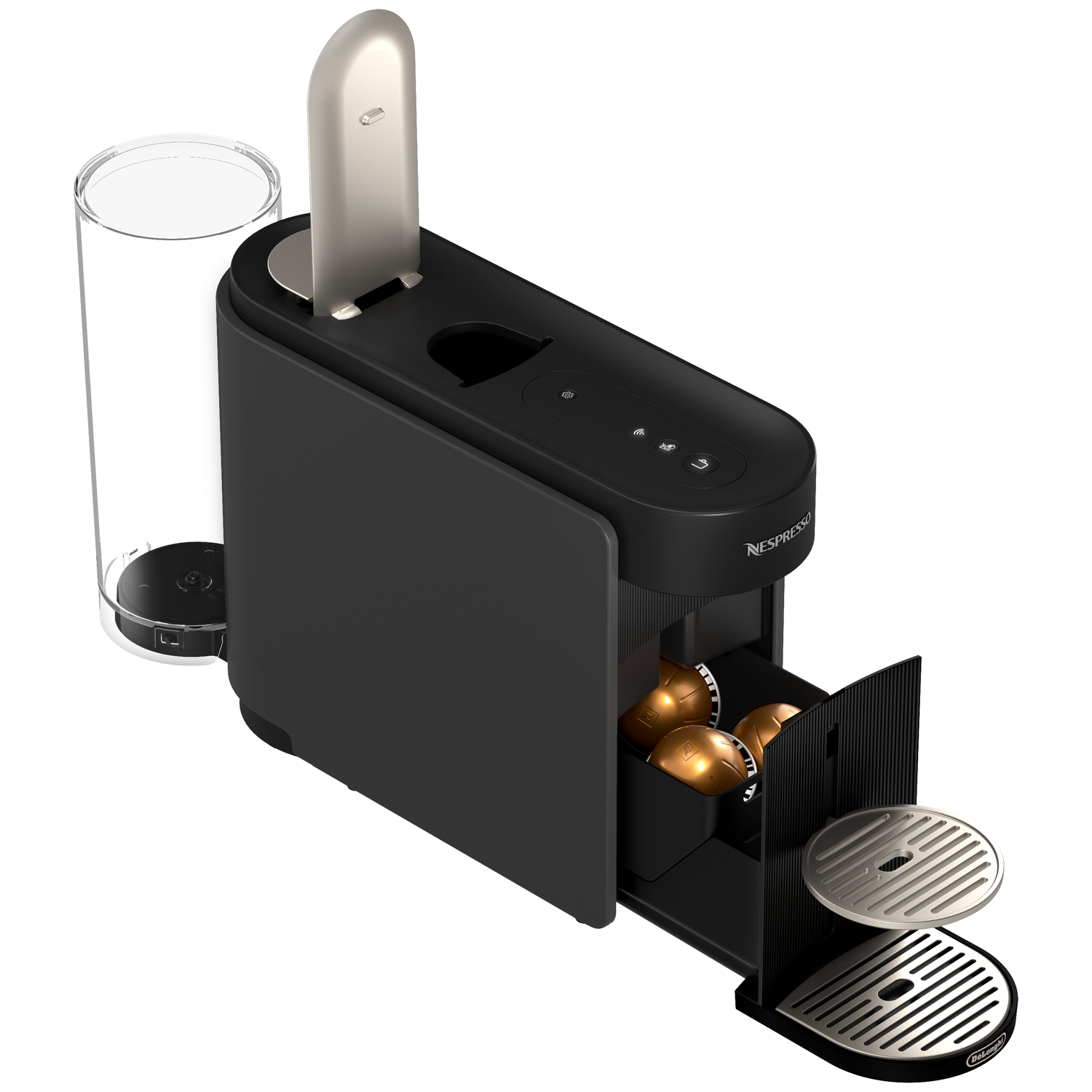Black Nespresso coffee machine with water tank, capsule drawer, and drip tray.