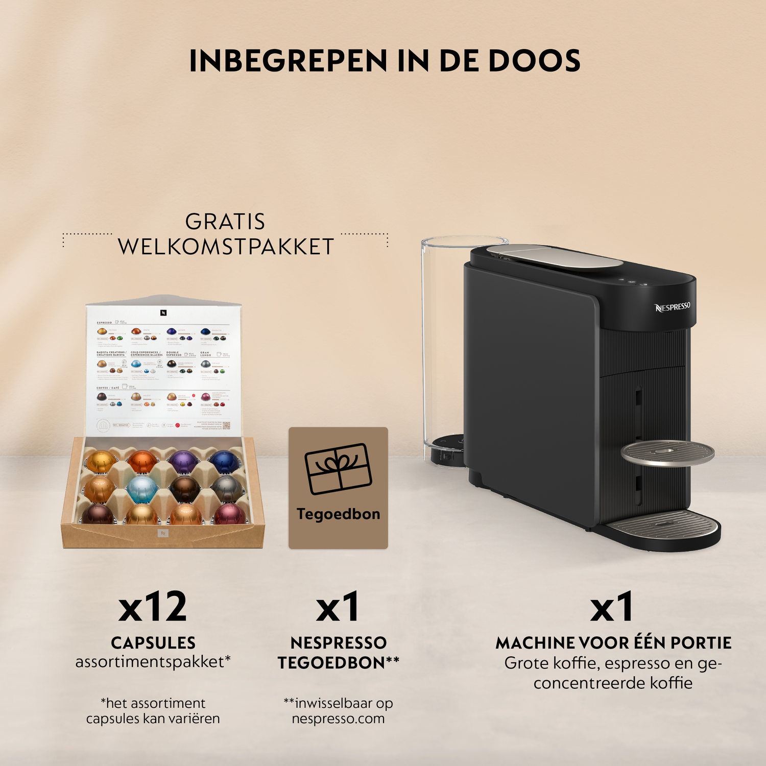 Nespresso machine with 12 capsules, voucher, and glass container.