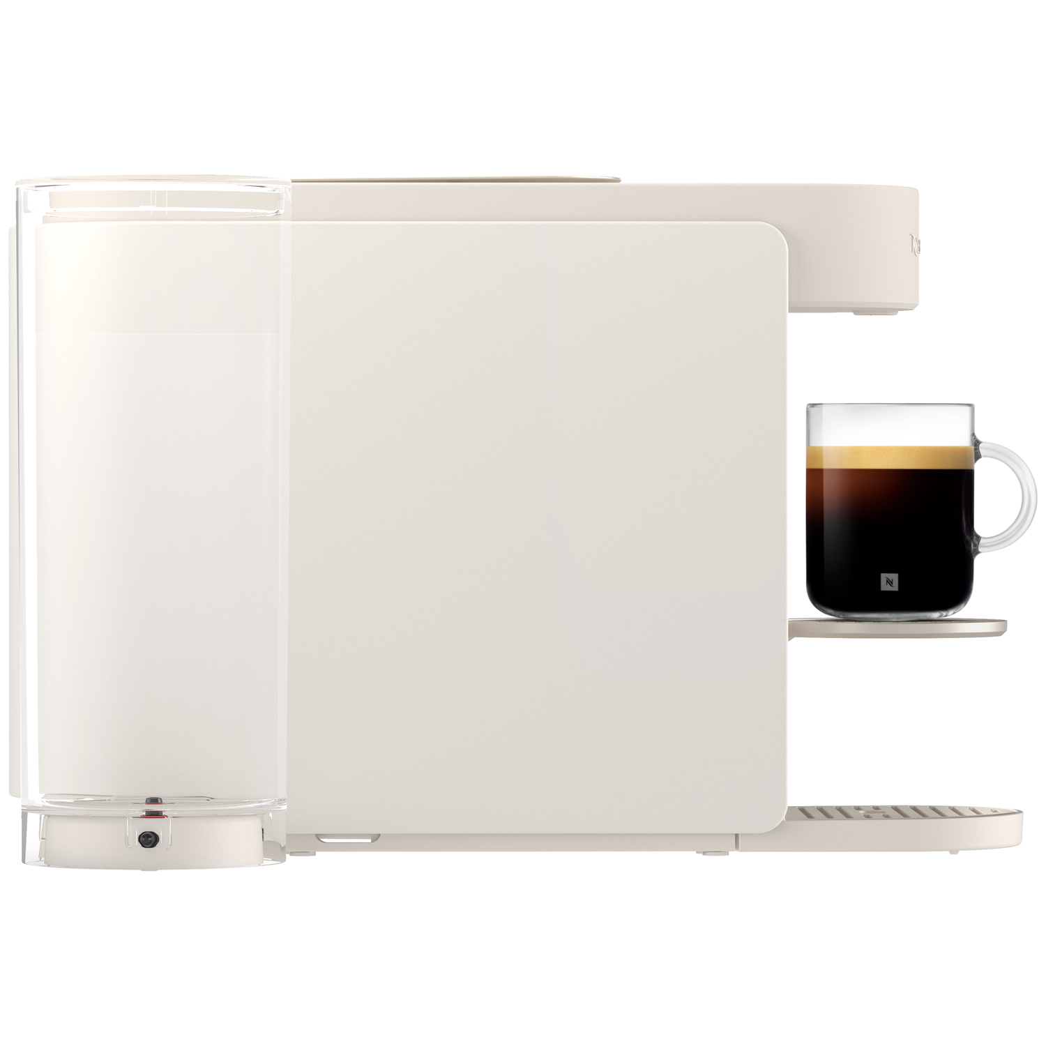 A white coffee machine with a transparent water tank and a glass cup of black coffee.
