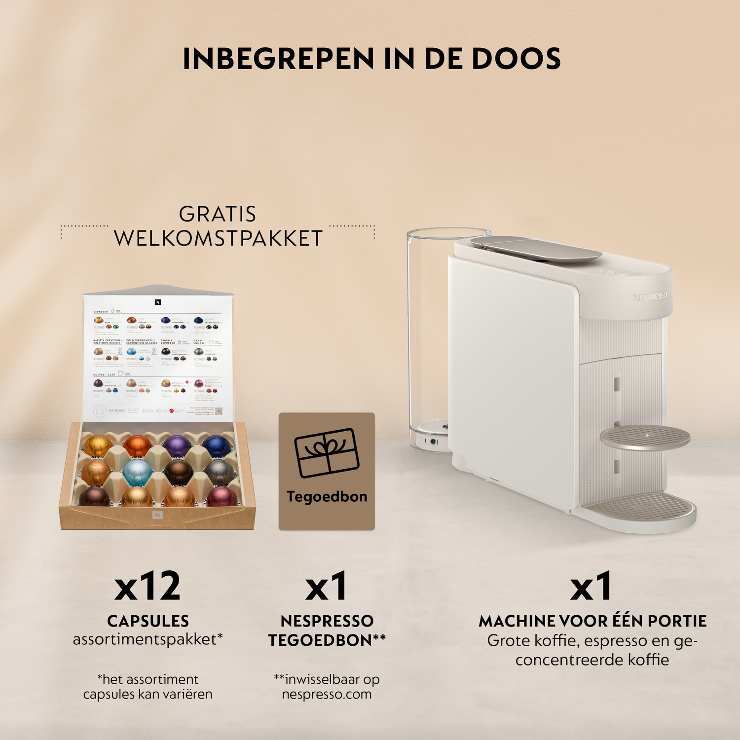 A white Nespresso coffee machine with a water tank, capsules, and a voucher.
