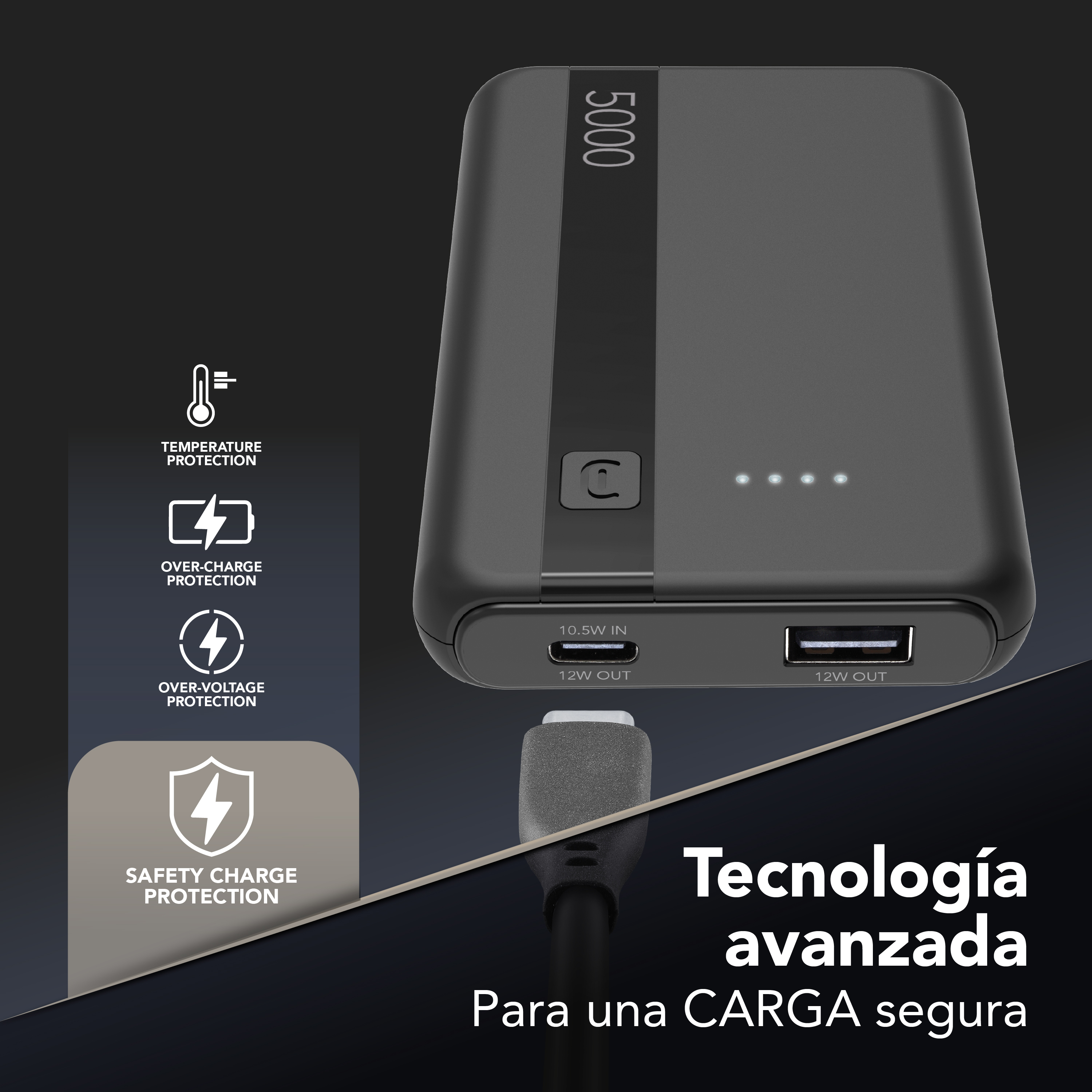 Power bank CellularLine conectado y texto “Tecnología avanzada para una CARGA segura” con iconos de protección de temperatura y voltaje.
