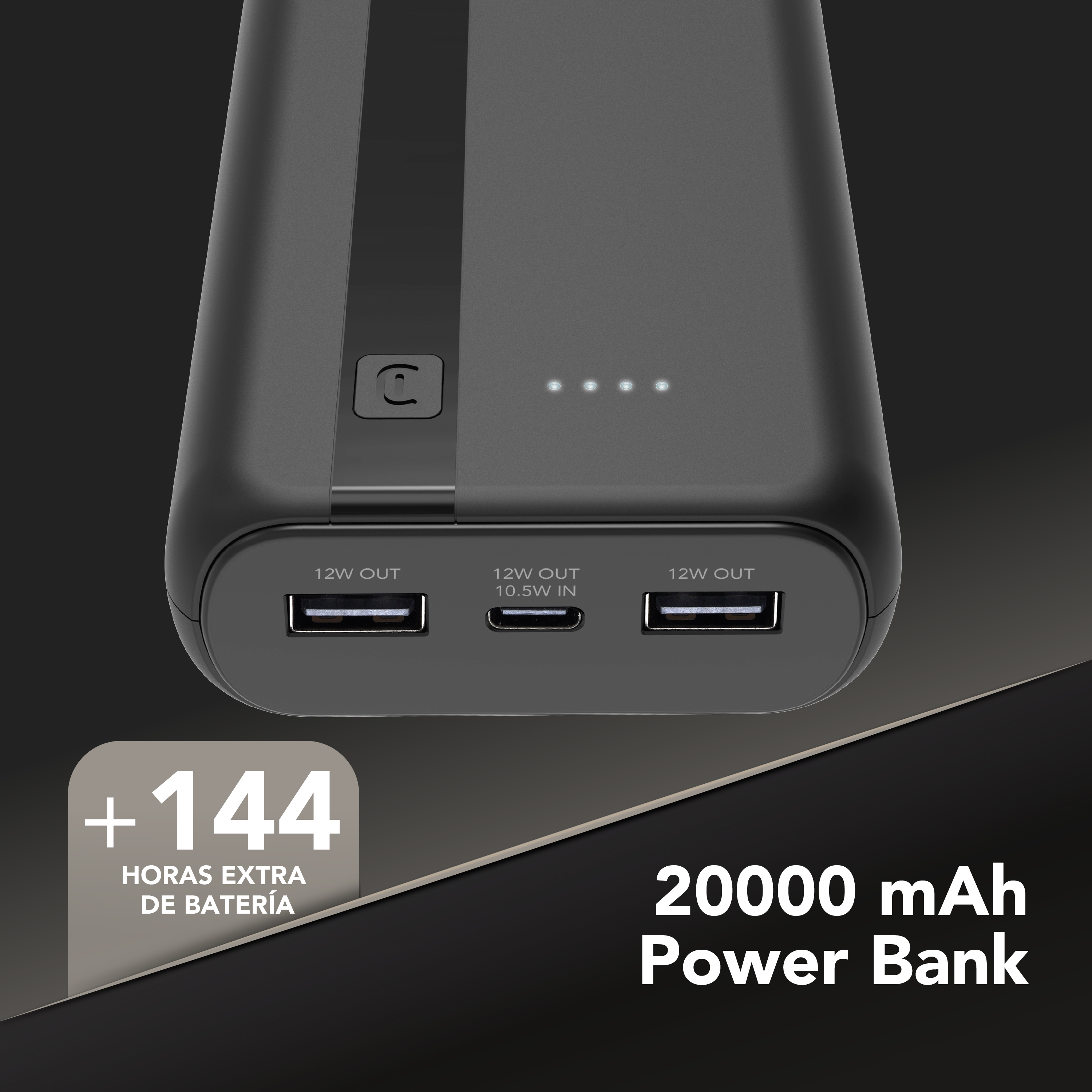 Power bank CellularLine 10000 mAh con puertos USB/USB‑C y texto “+72 horas extra de batería” y “10000 mAh Power Bank”.
