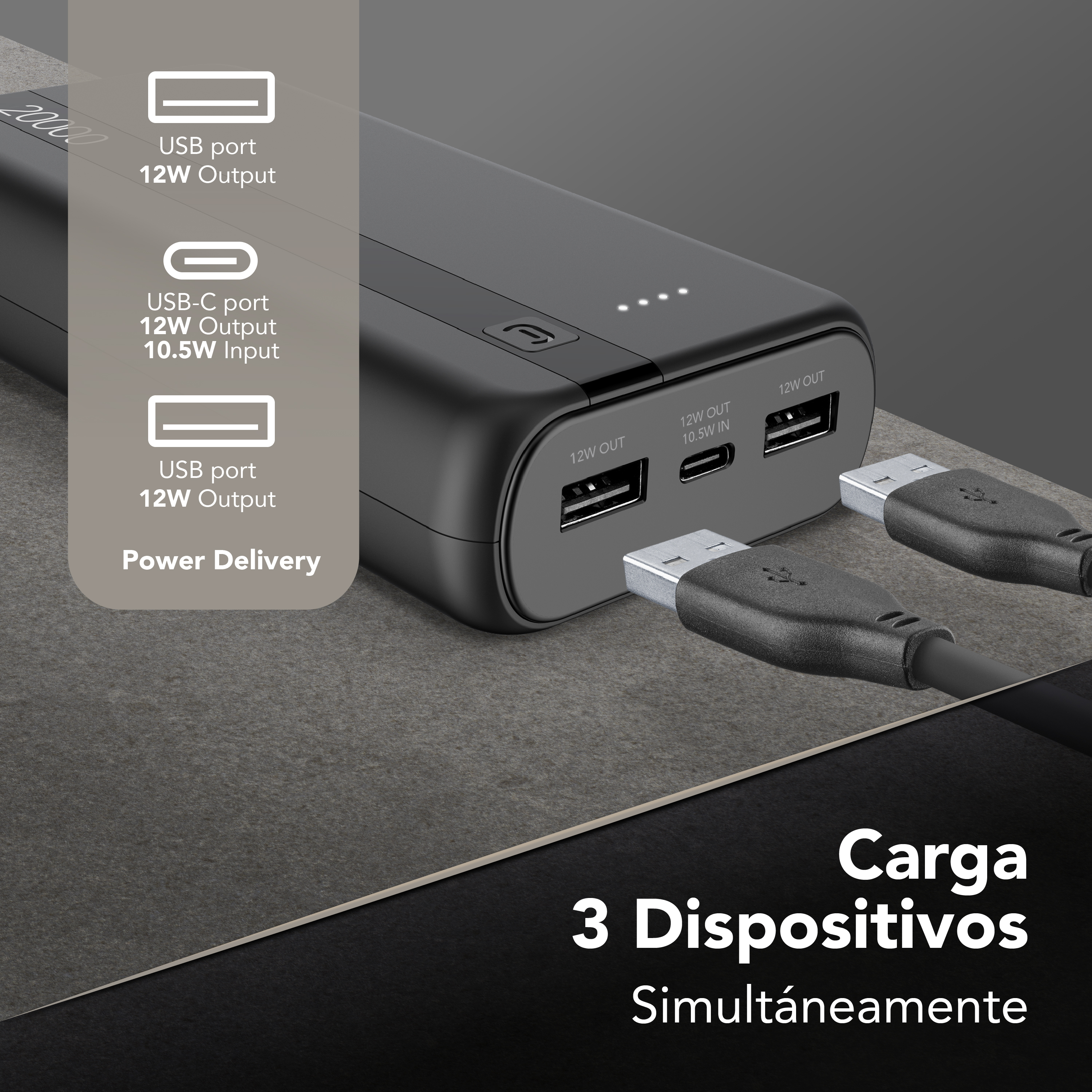 Power bank CellularLine con 3 puertos (USB y USB‑C) y texto “Power Delivery” y “Carga 3 Dispositivos Simultáneamente”.