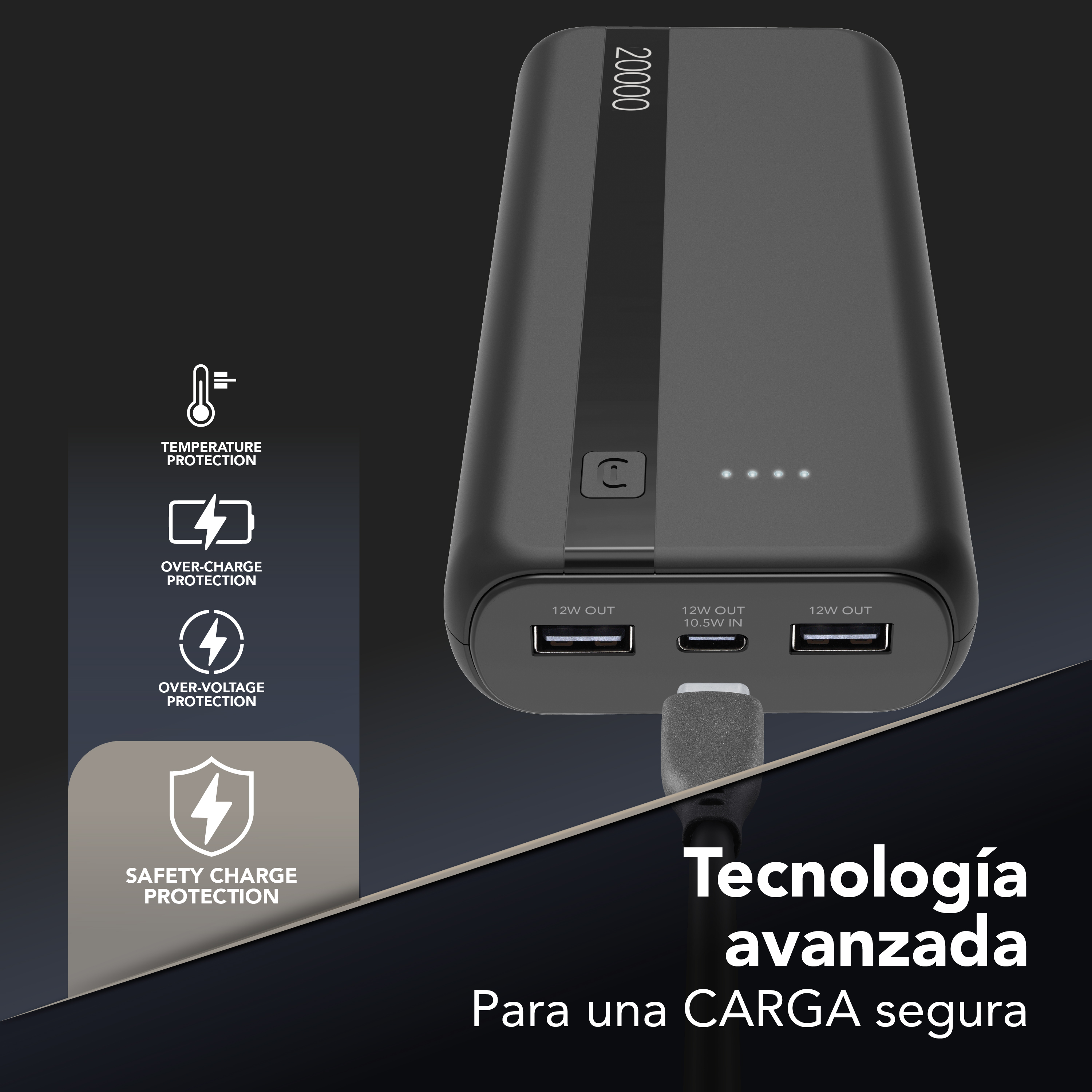 Power bank CellularLine conectado y texto “Tecnología avanzada para una CARGA segura” con iconos de protección de temperatura y voltaje.
