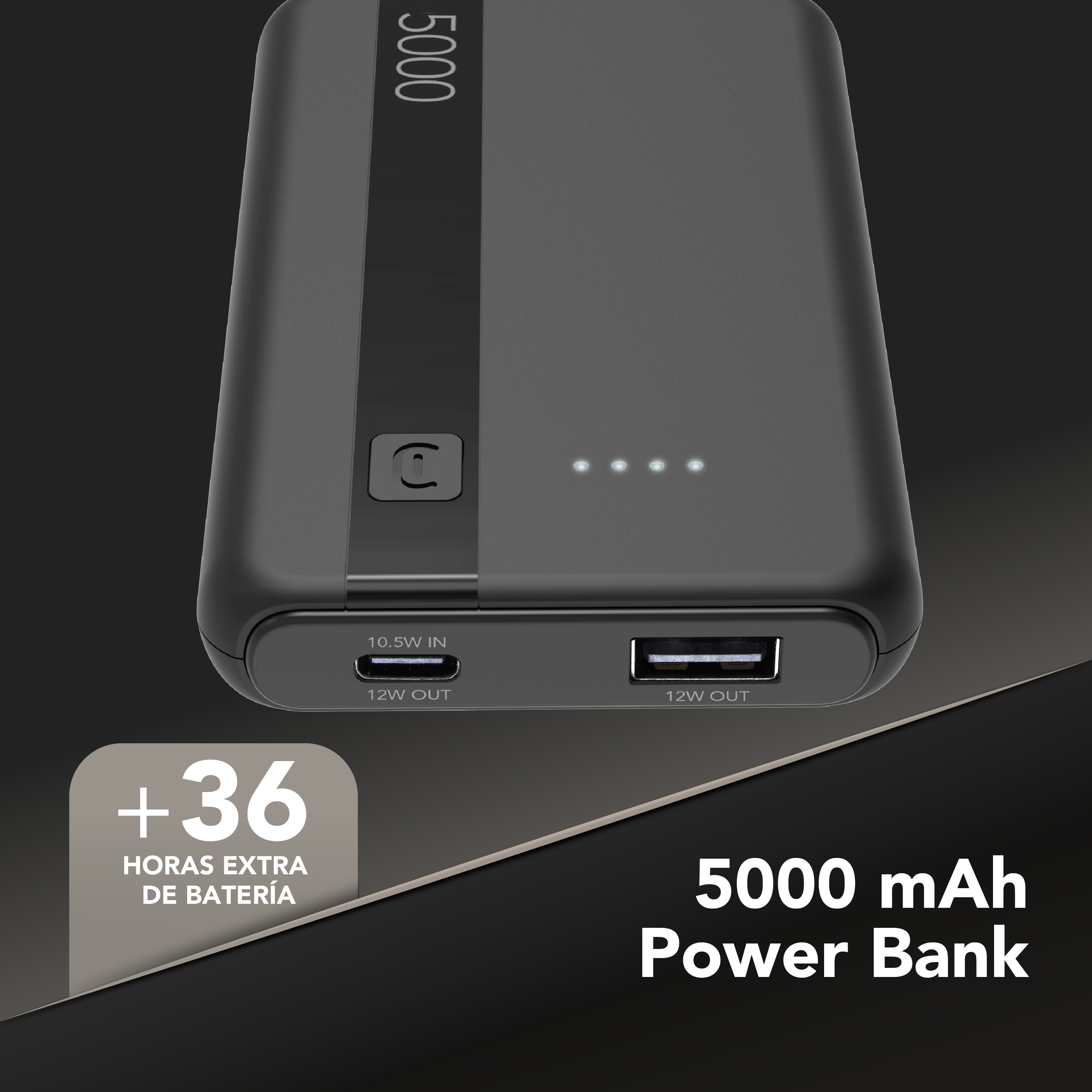 Power bank CellularLine 5000 mAh con puertos USB/USB‑C y texto “+36 horas extra de batería” y “5000 mAh Power Bank”.