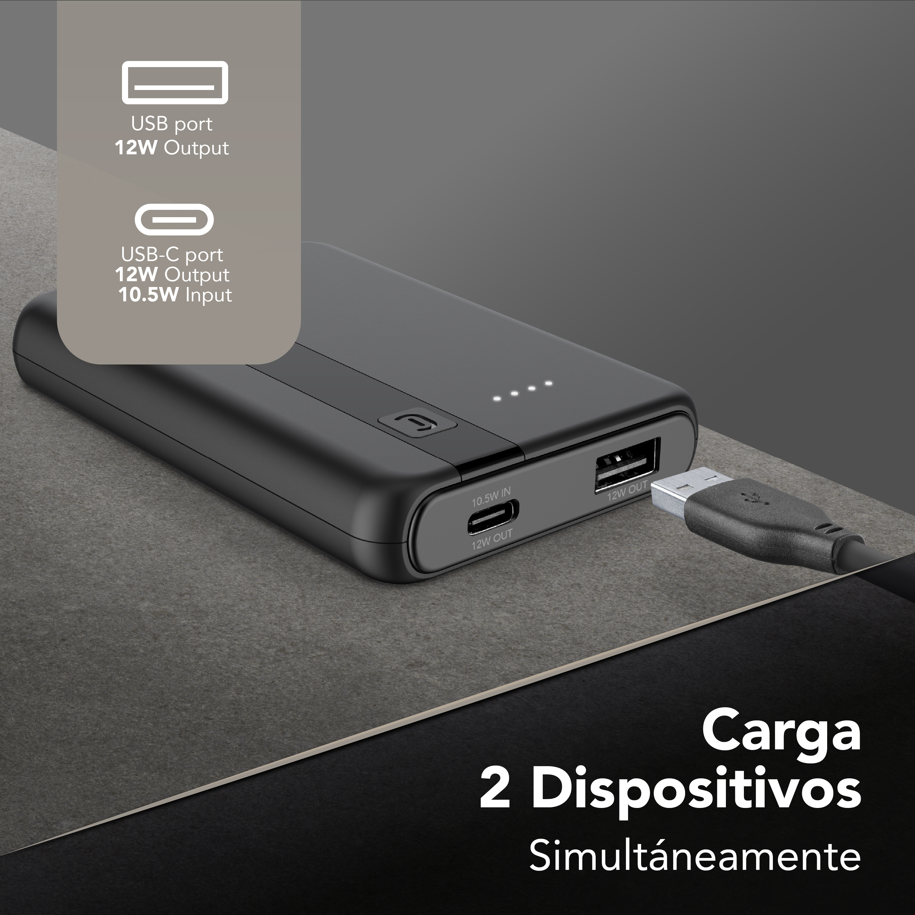 Power bank CellularLine con 2 puertos (USB y USB‑C) y texto “Carga 2 Dispositivos Simultáneamente”.