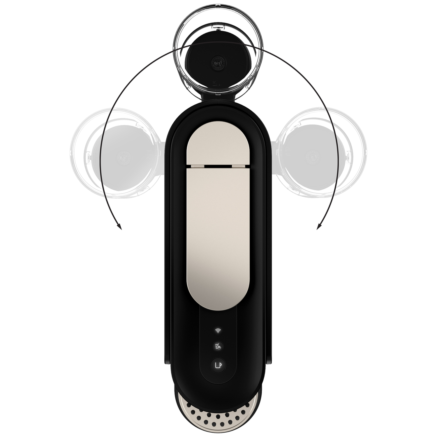 A black coffee machine with a cream-colored detail and two pivoting cup holders.