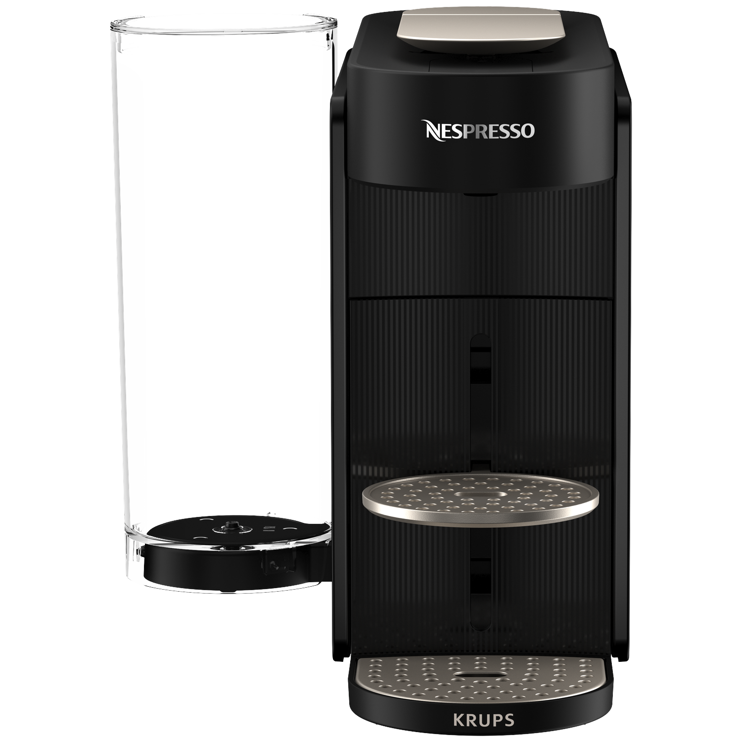 A black Nespresso coffee machine with a clear water tank beside it.