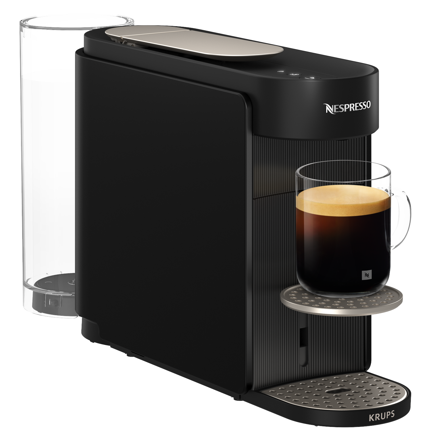 Black Nespresso coffee machine with a glass of coffee and water tank.