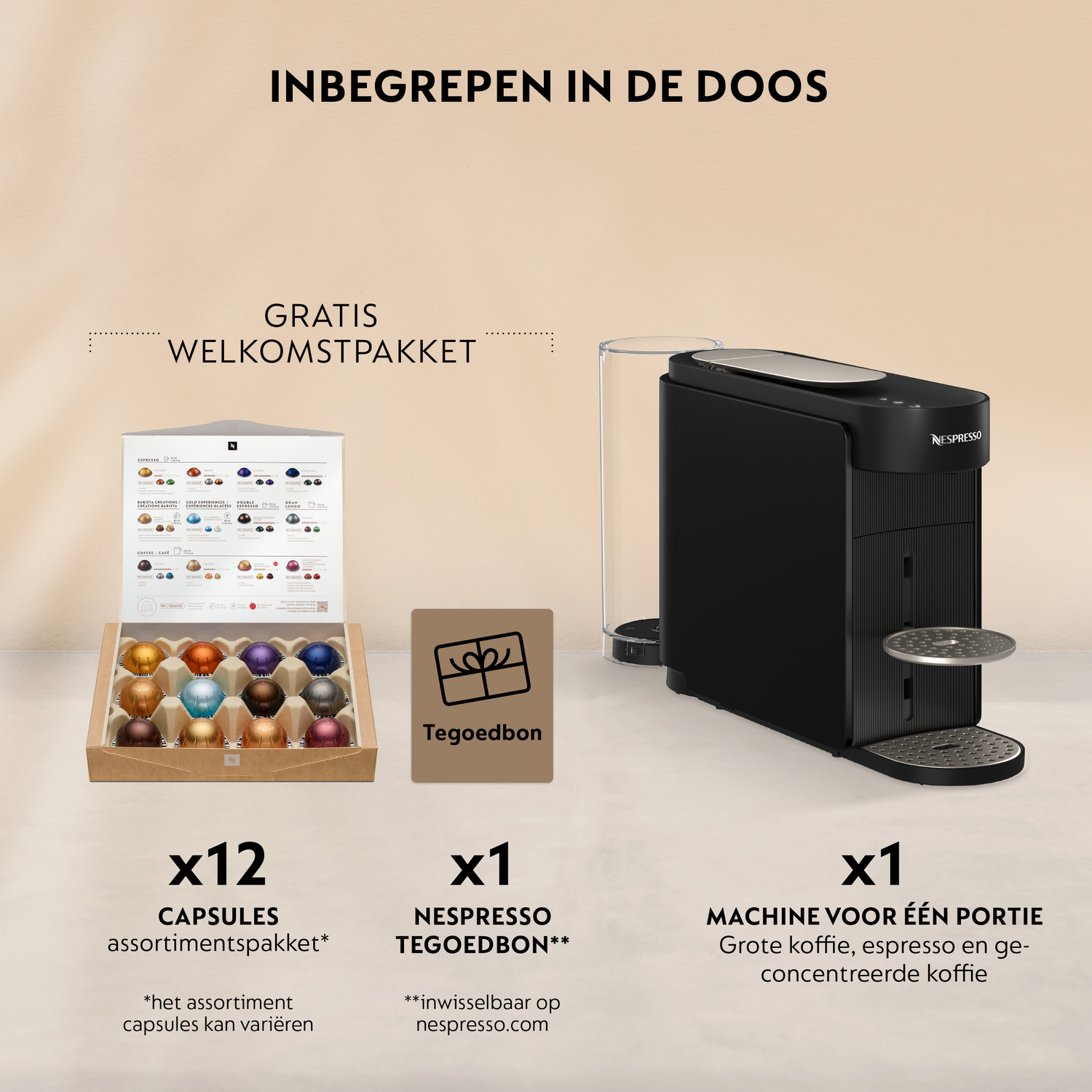 Nespresso set: Black machine, 12 capsules, voucher. Free welcome package.