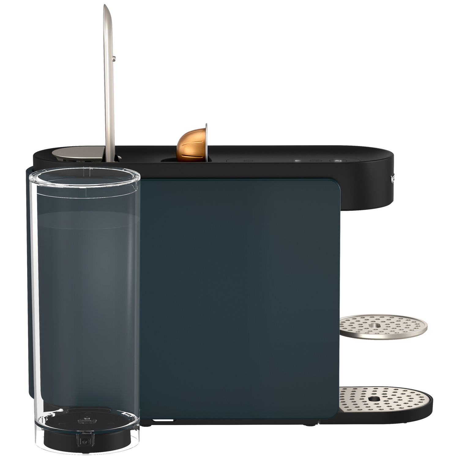 Dark blue coffee machine with water tank, capsule, and drip trays.