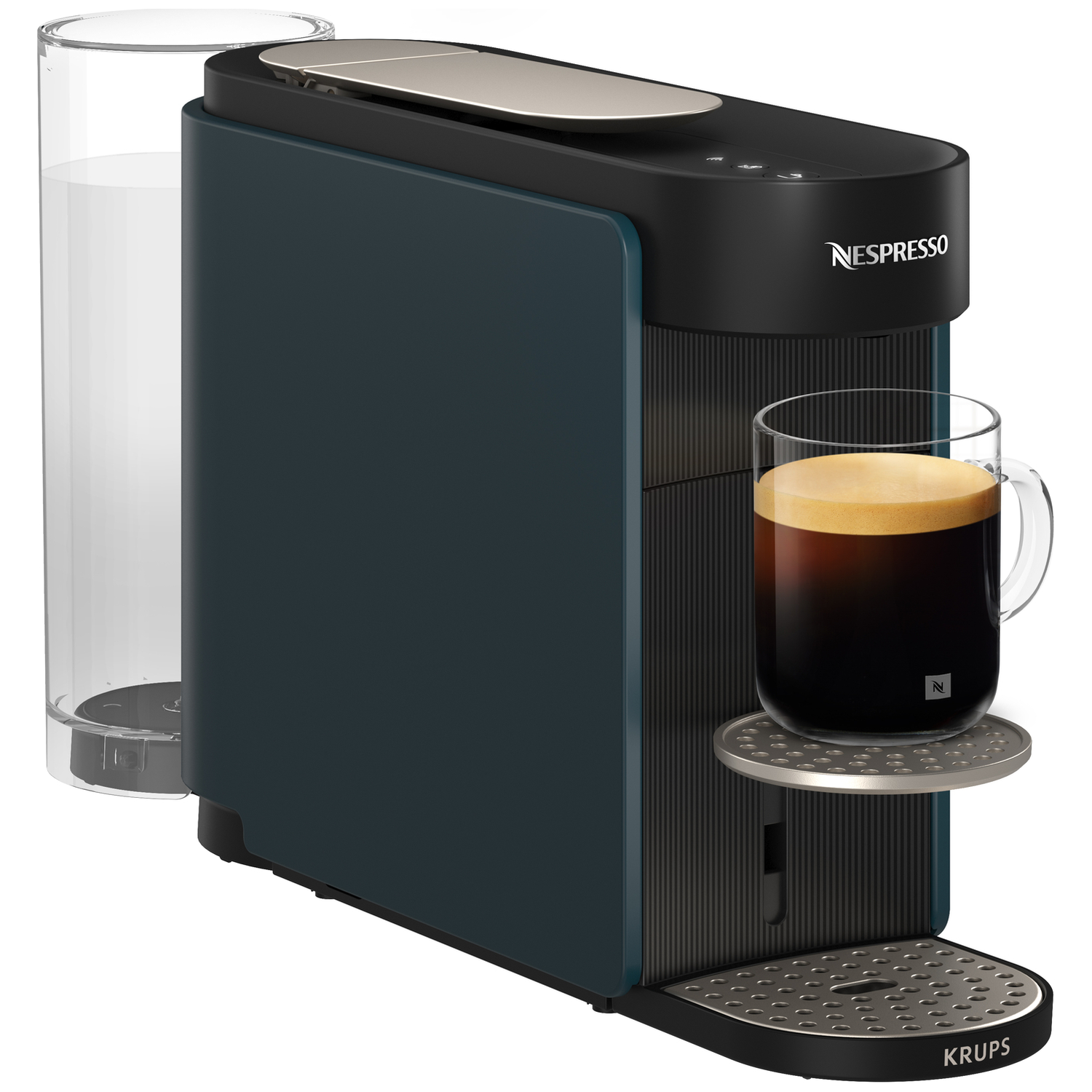 A dark blue Nespresso coffee machine with a glass water tank and a cup of coffee.