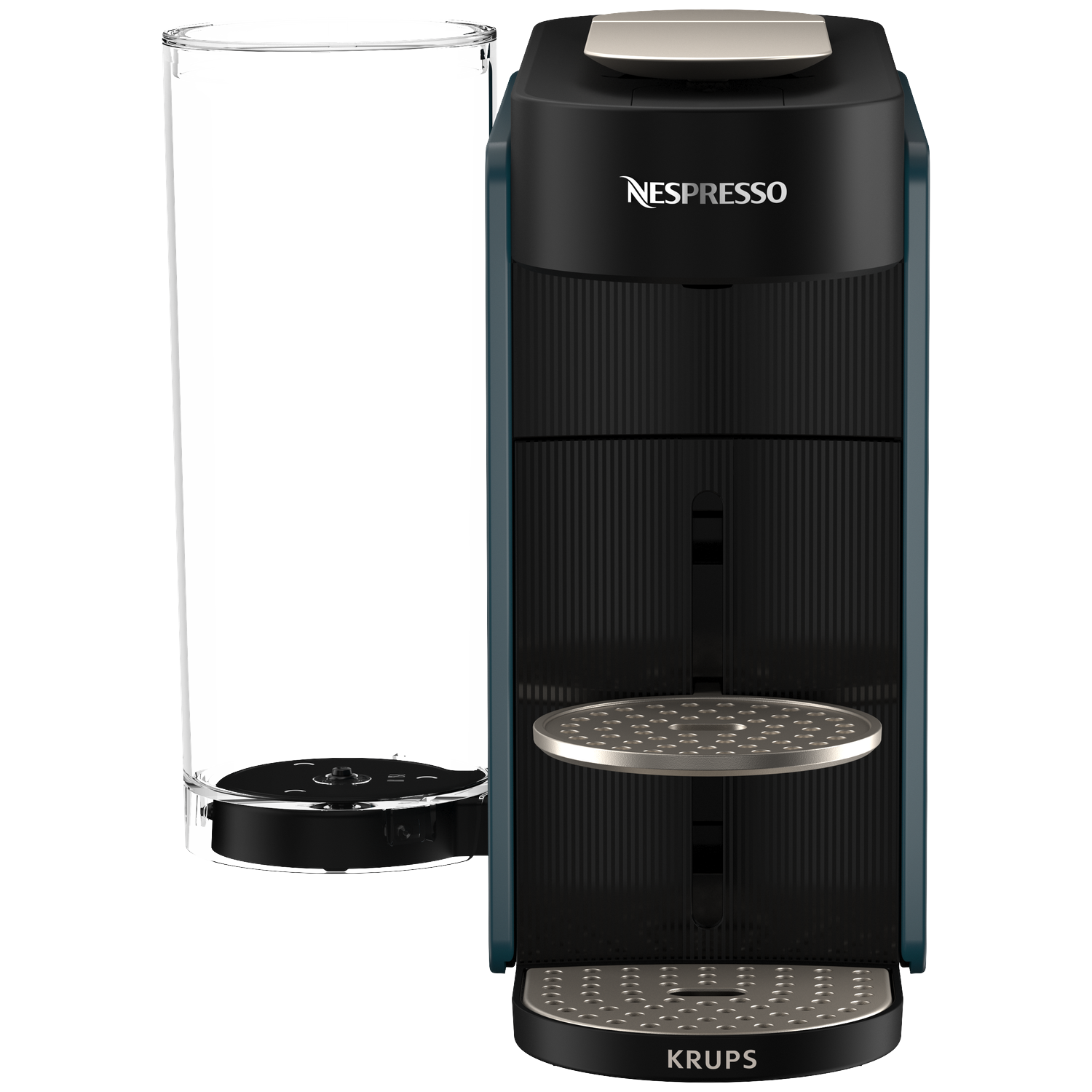 Black Nespresso coffee machine with an empty glass container beside it.