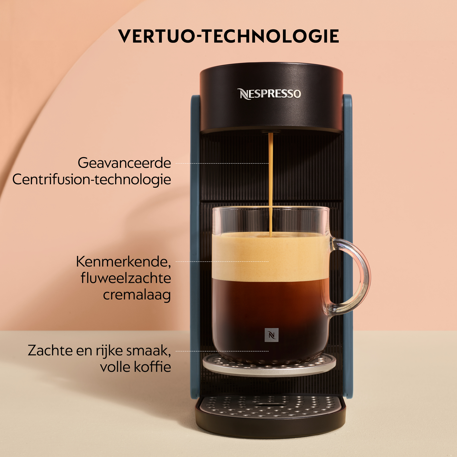 Nespresso Vertuo coffee machine brewing a cup of coffee with crema.