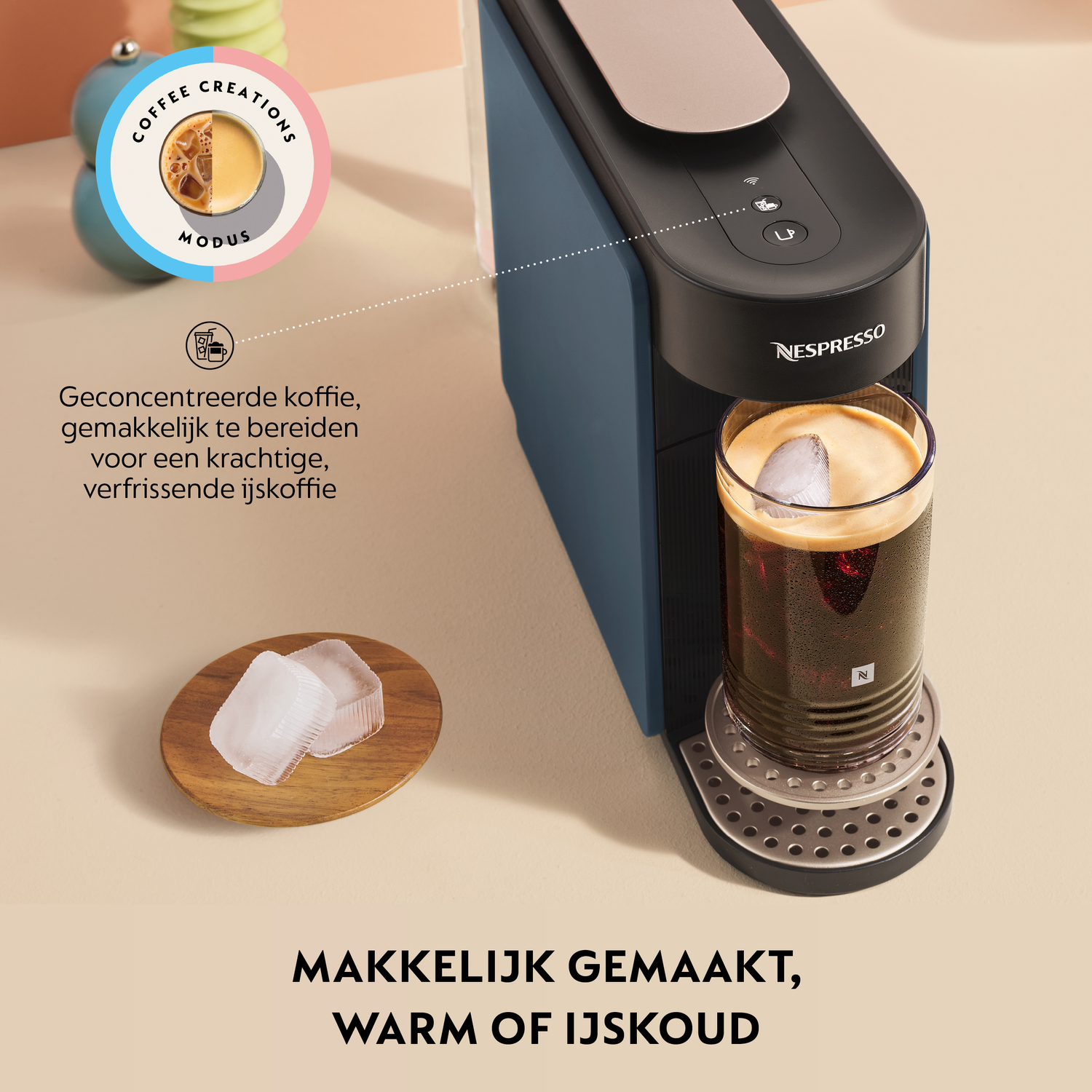 Nespresso machine making iced coffee, with ice cubes and coffee graphic.