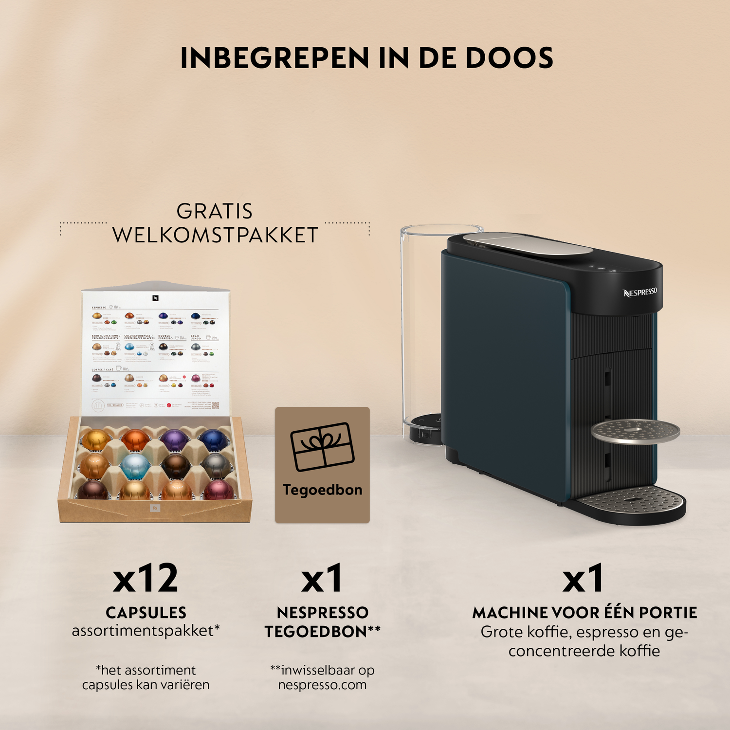 Nespresso machine with 12 capsules, welcome pack, and voucher.