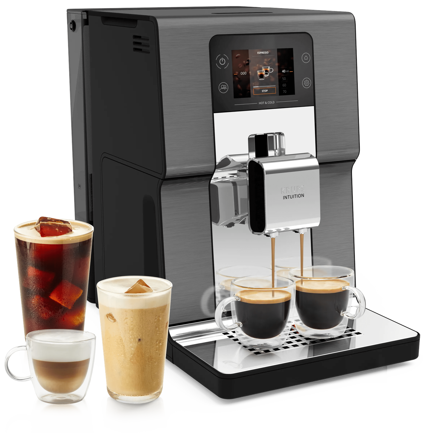 Espressomachine met drie dranken: espresso, latte en ijsthee.