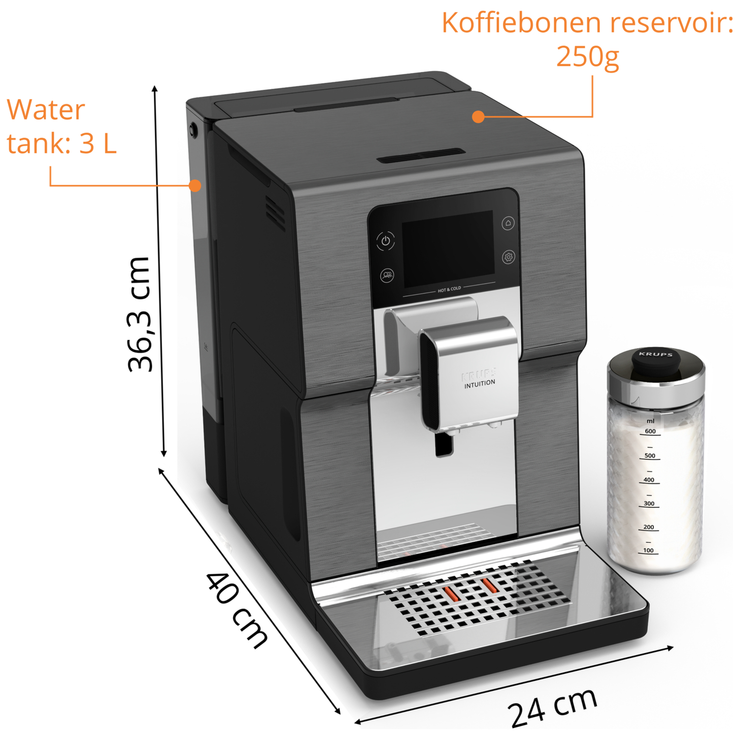 Grijze koffiemachine met 3L watertank, 250g bonenreservoir en maatbeker.