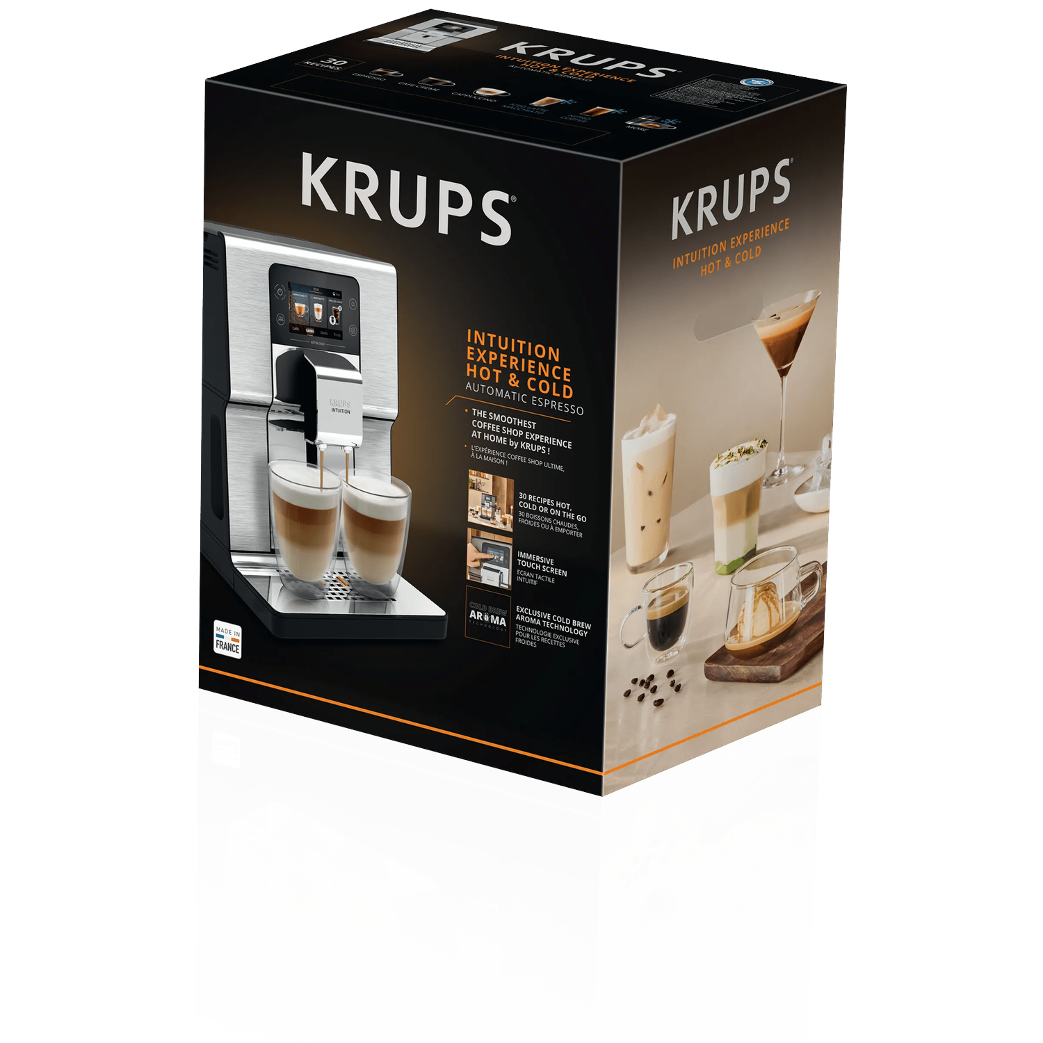 KRUPS Intuition koffiezetapparaat met twee espresso glazen en drankjes.