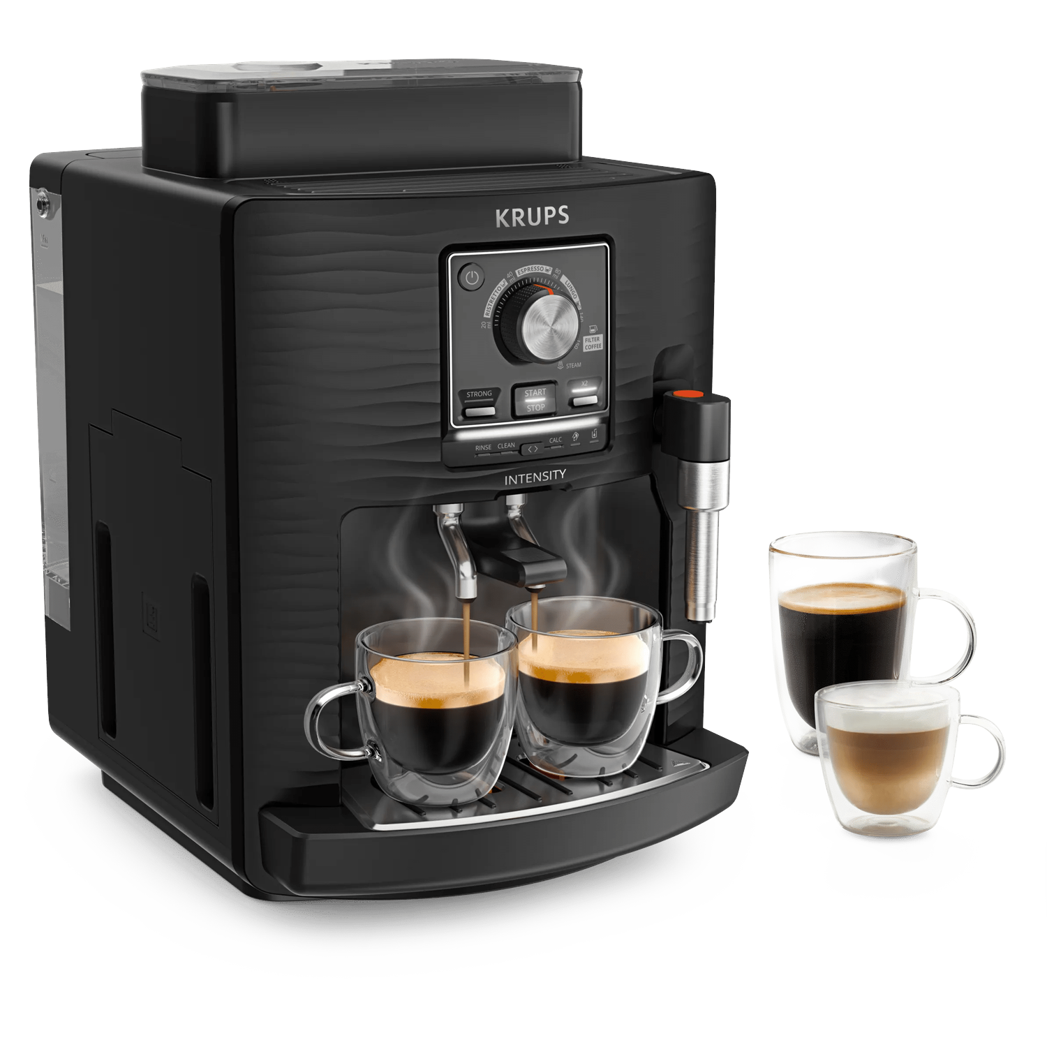 Black Krups coffee machine brews two espressos in glass cups.