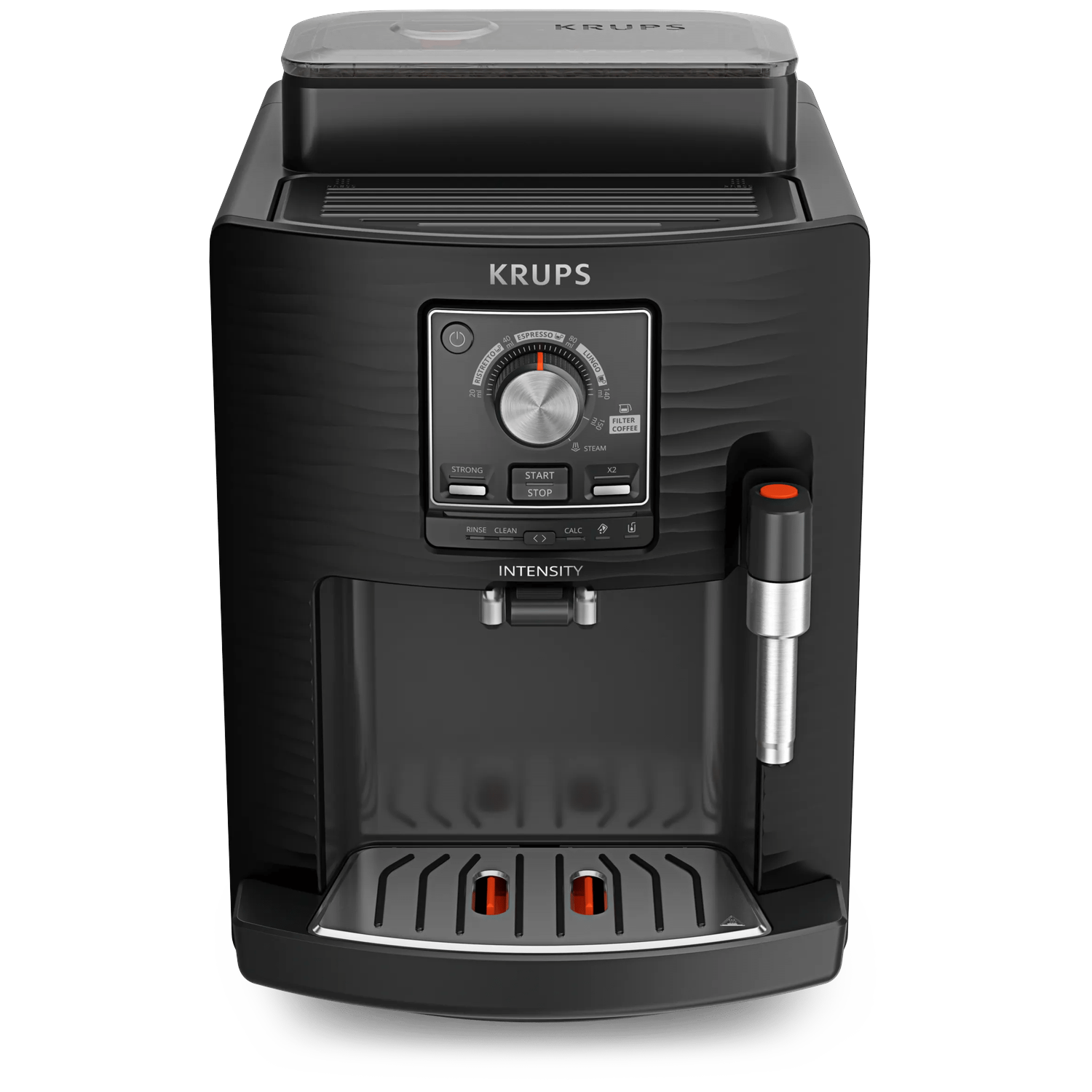 Black Krups coffee machine with silver spout and control panel.
