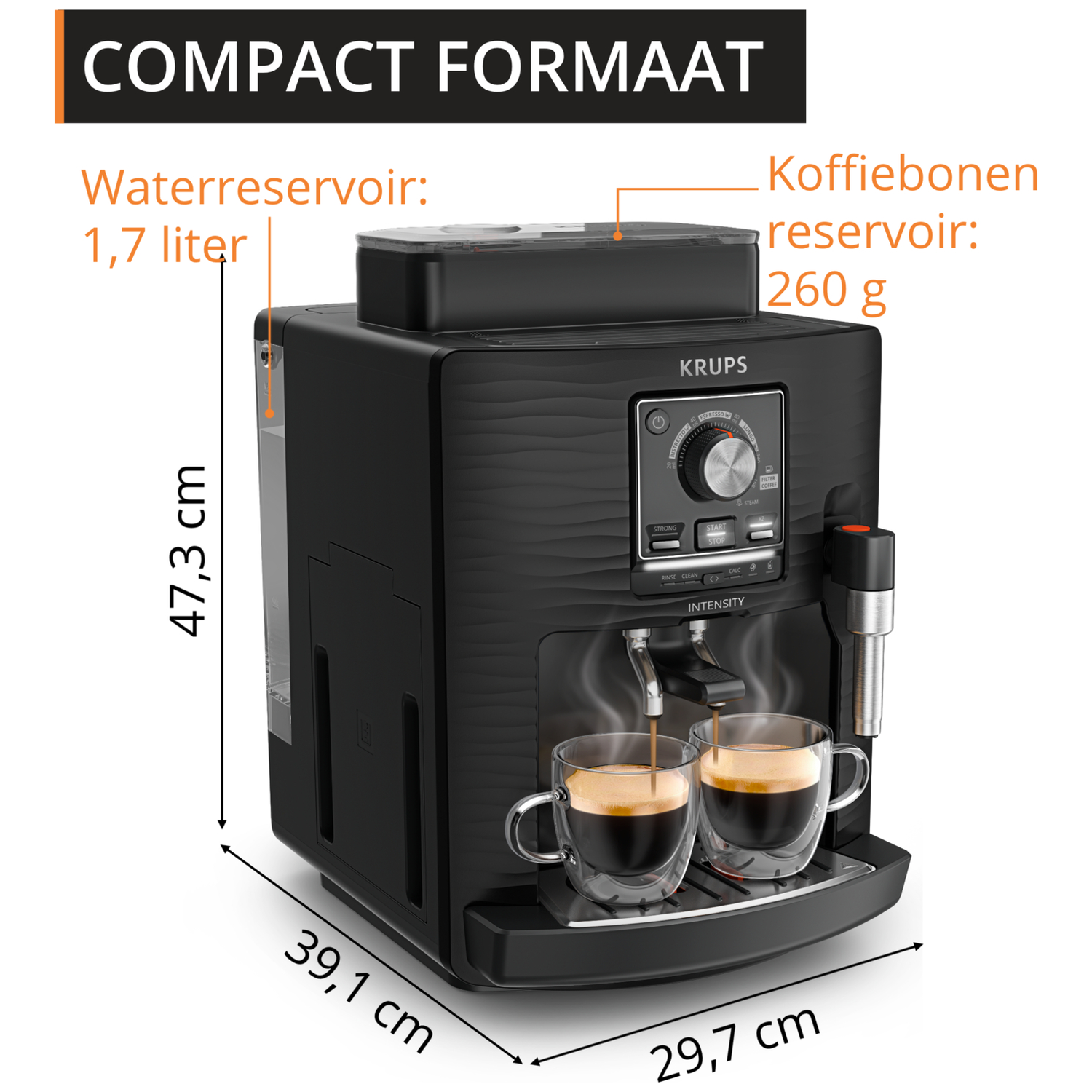 Compact Krups coffee machine with 1.7L water tank, 260g bean hopper.