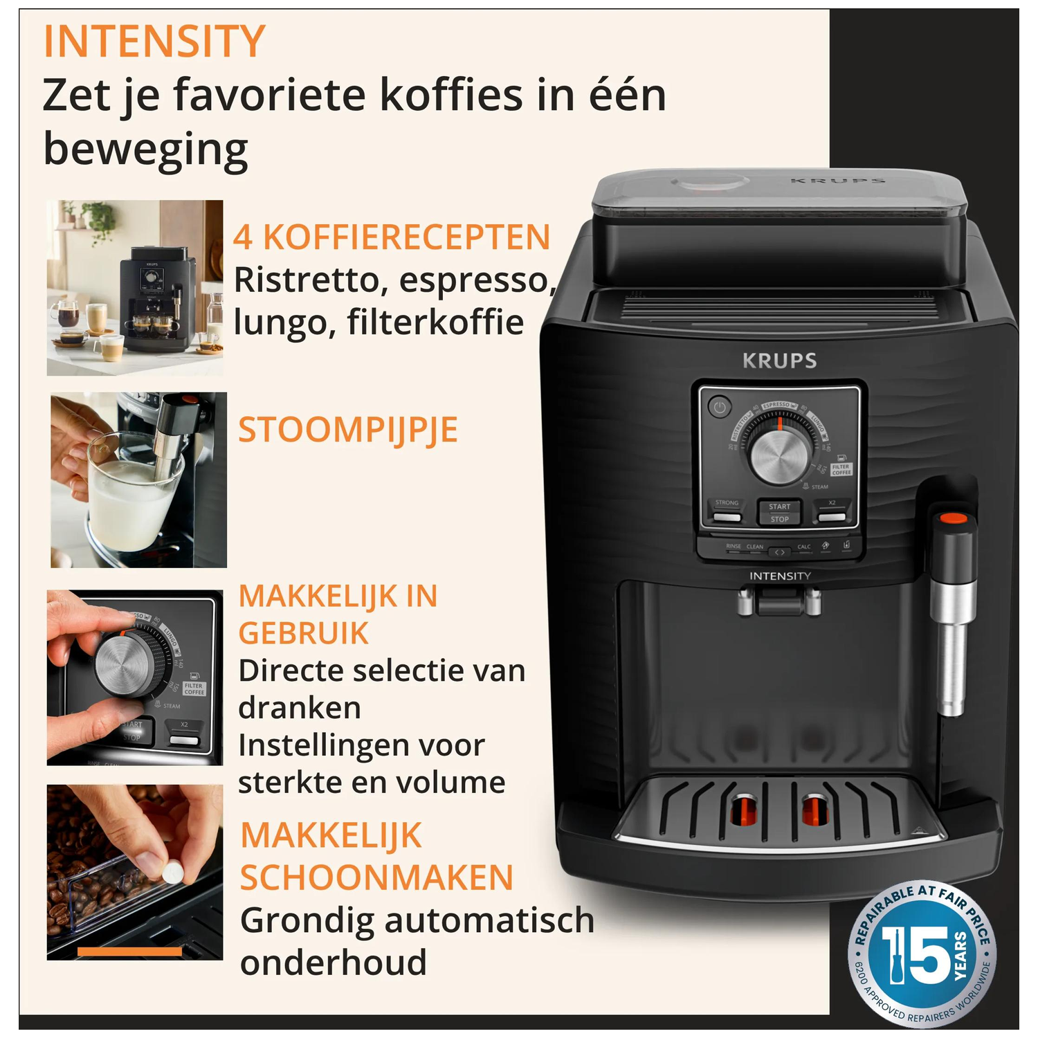 Black KRUPS coffee machine with control panel, milk frother, and bean container.
