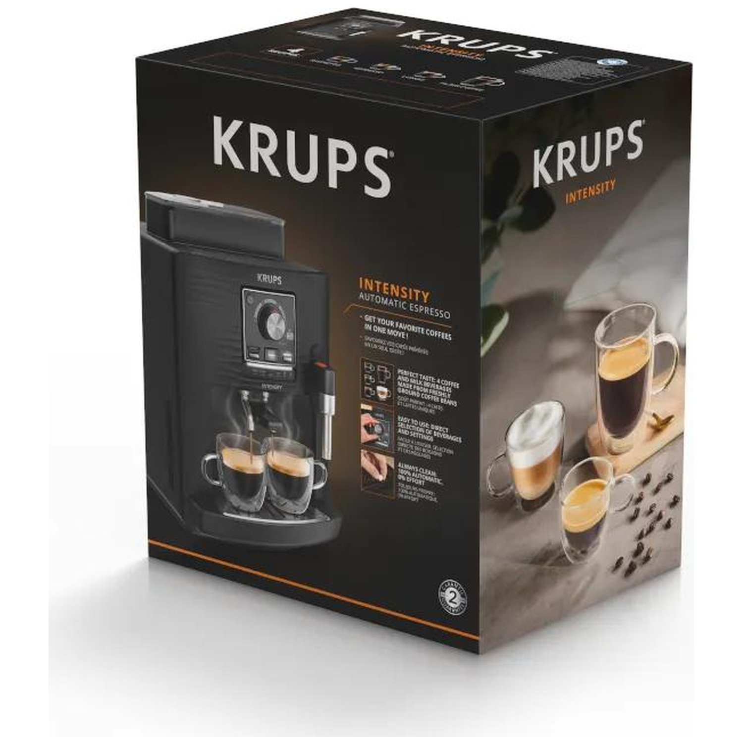 A KRUPS coffee machine box showing espresso and cappuccino cups.