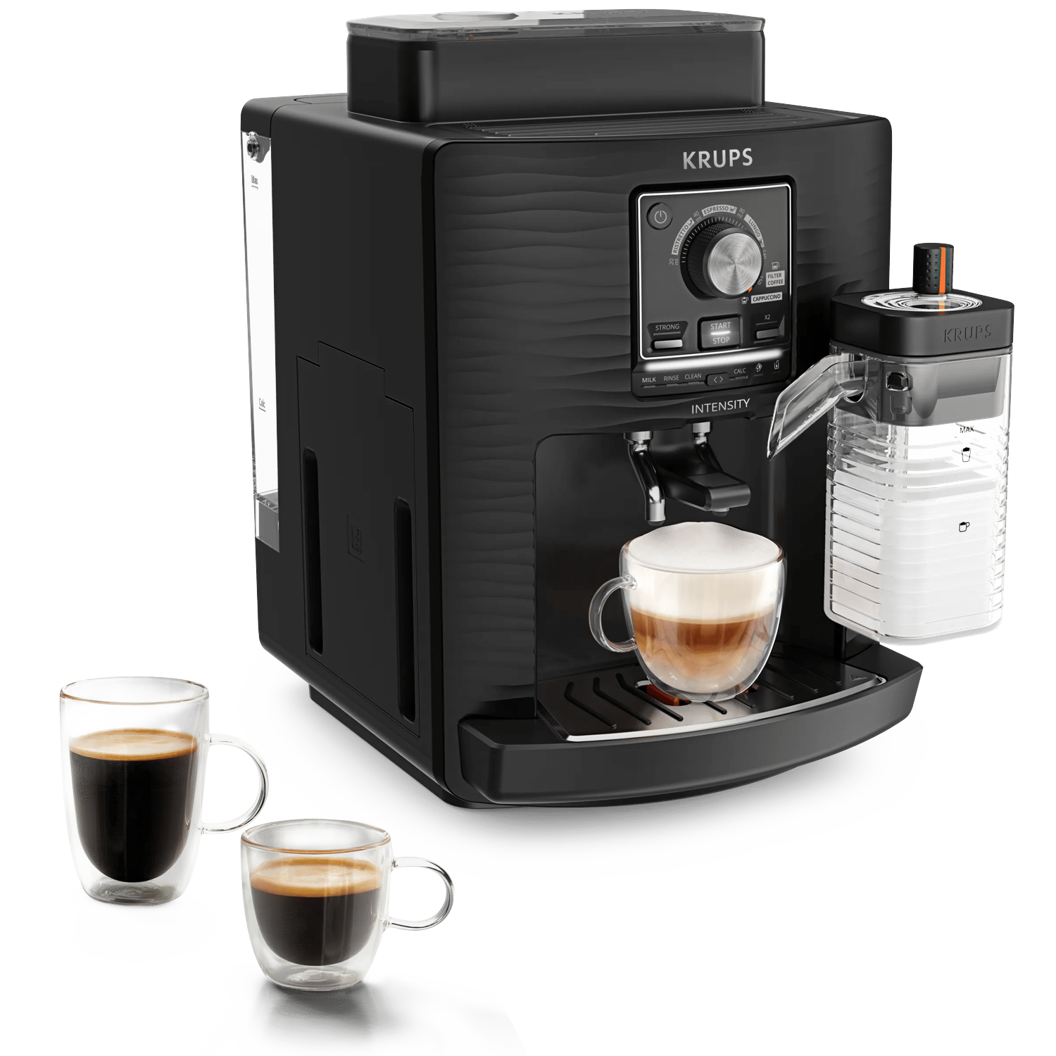 Black Krups coffee machine with milk carafe and two cups of coffee.