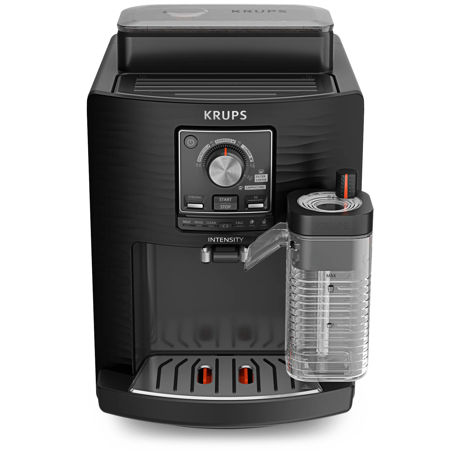 Black Krups coffee machine with water tank and control panel.