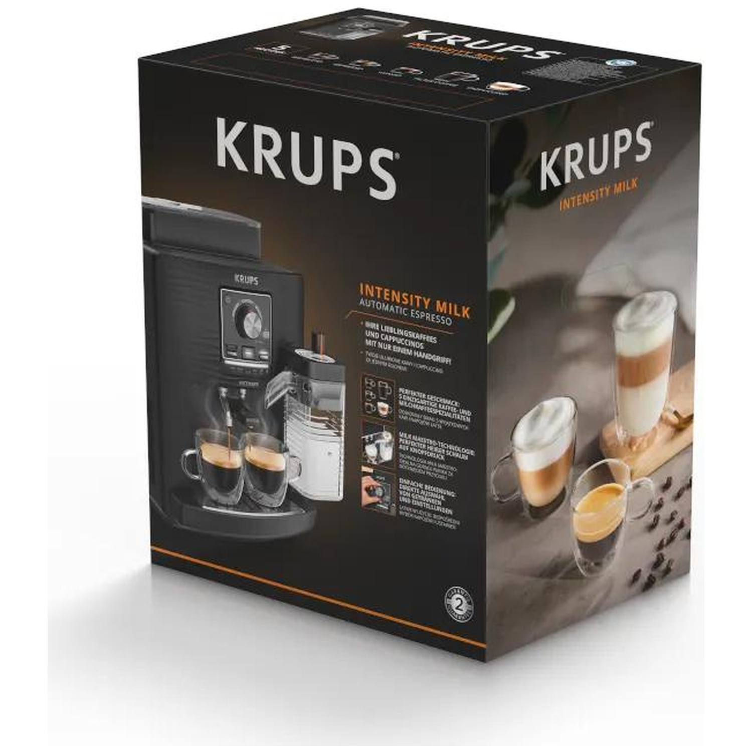 Packaging of a KRUPS espresso machine showing two cups of coffee and milk drinks.