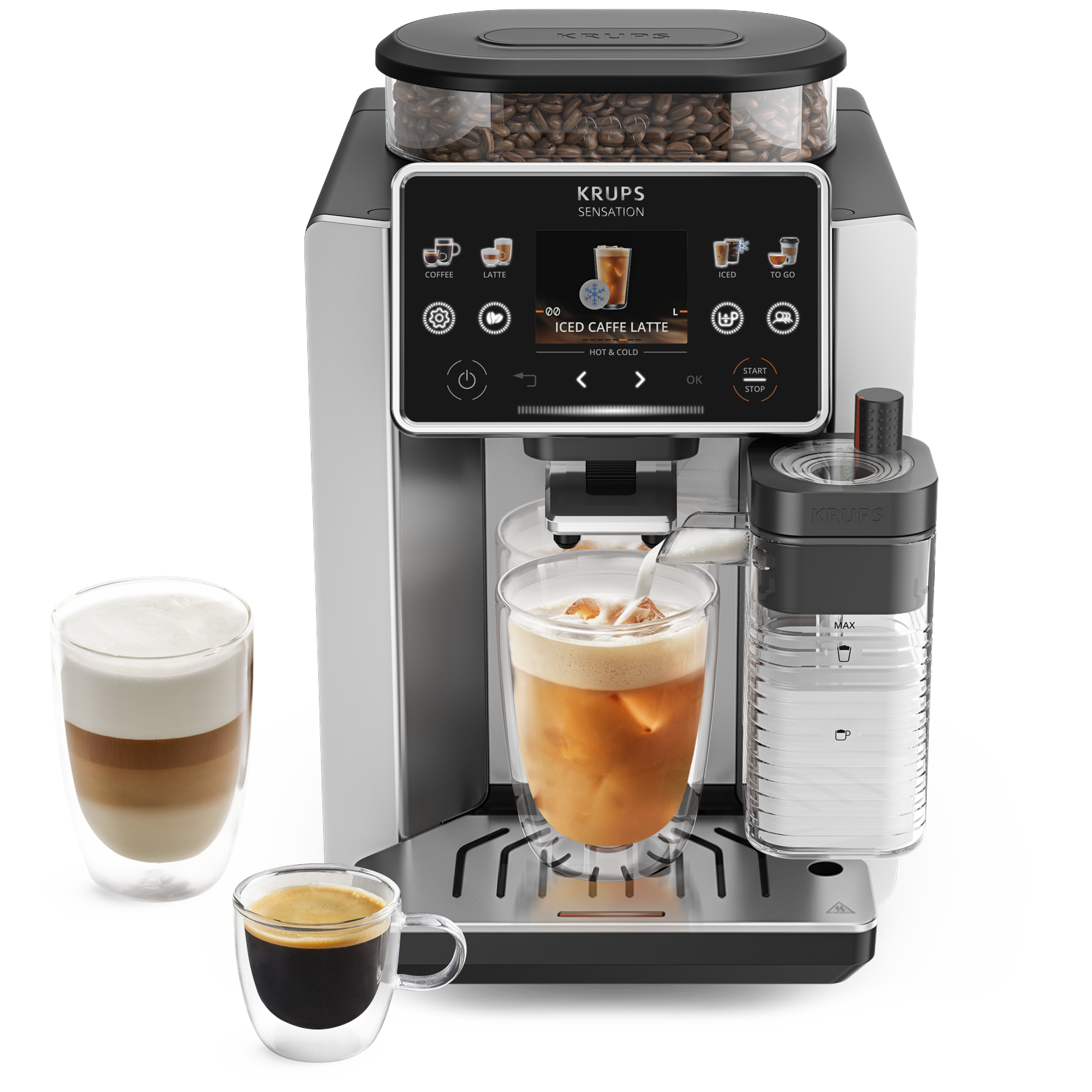 Krups Sensation koffiezetapparaat met koffiebonen, melkreservoir en drie dranken.