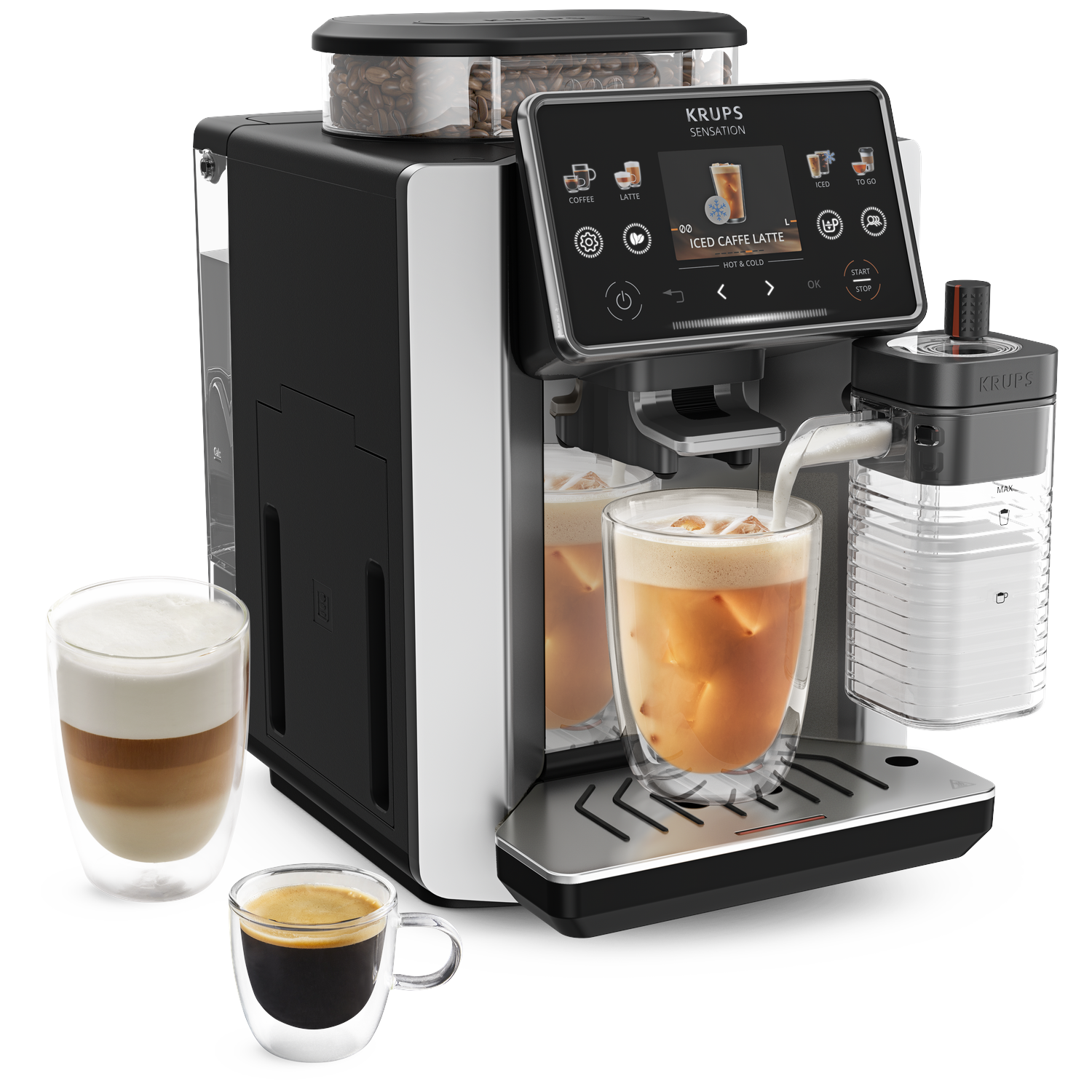 Krups koffiezetapparaat met touchscreen bereidt een ijzige koffie.
