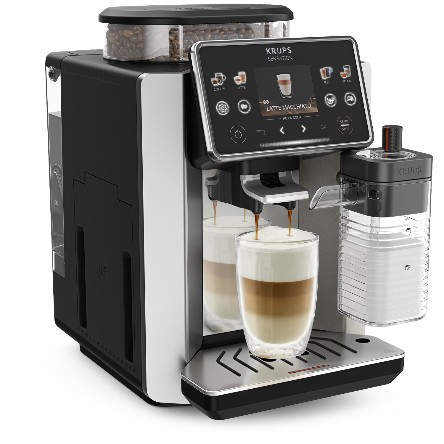 Een zwarte Krups koffiemachine met melkreservoir en bonenreservoir.