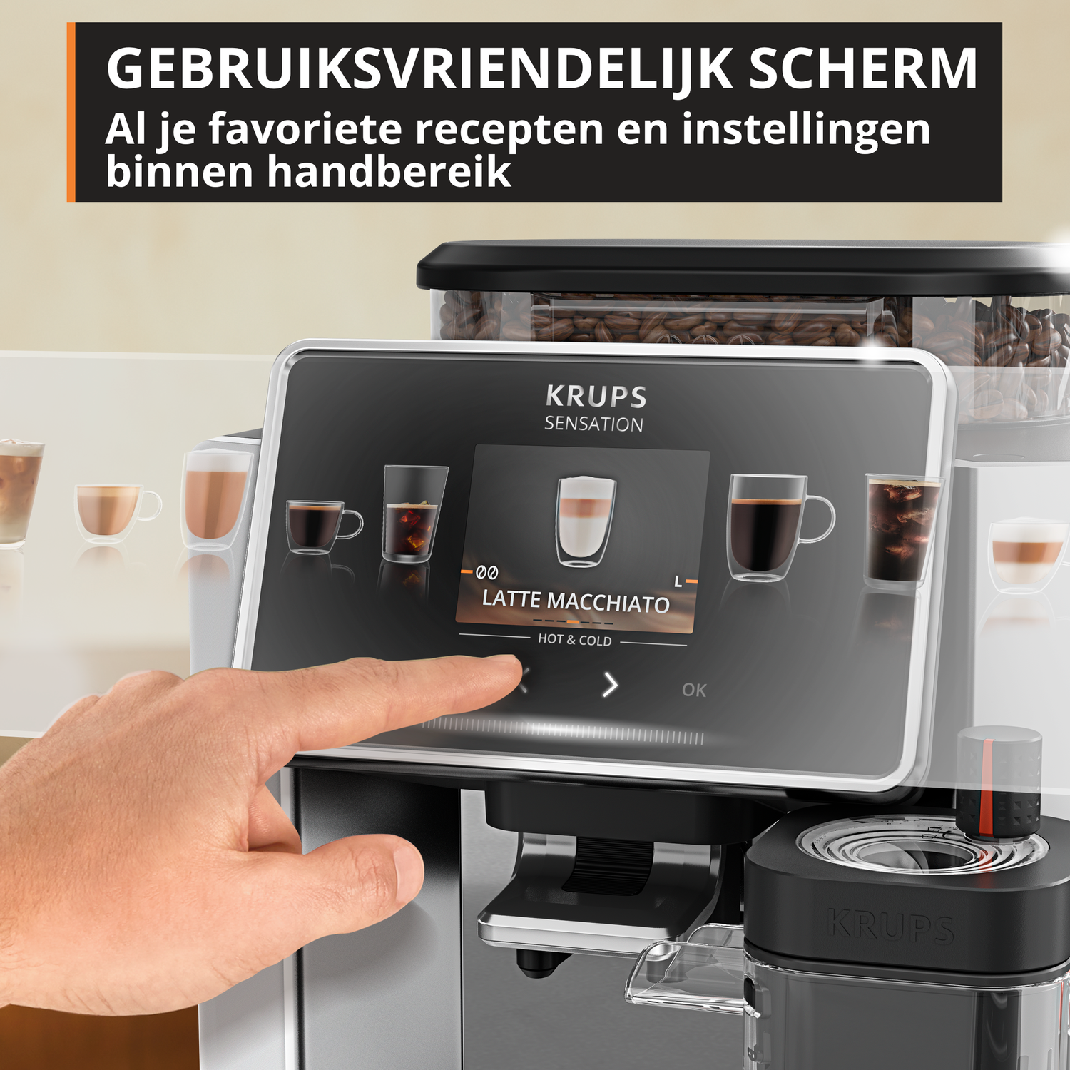 Een vinger raakt het scherm van een KRUPS koffieapparaat aan, met Latte Macchiato.