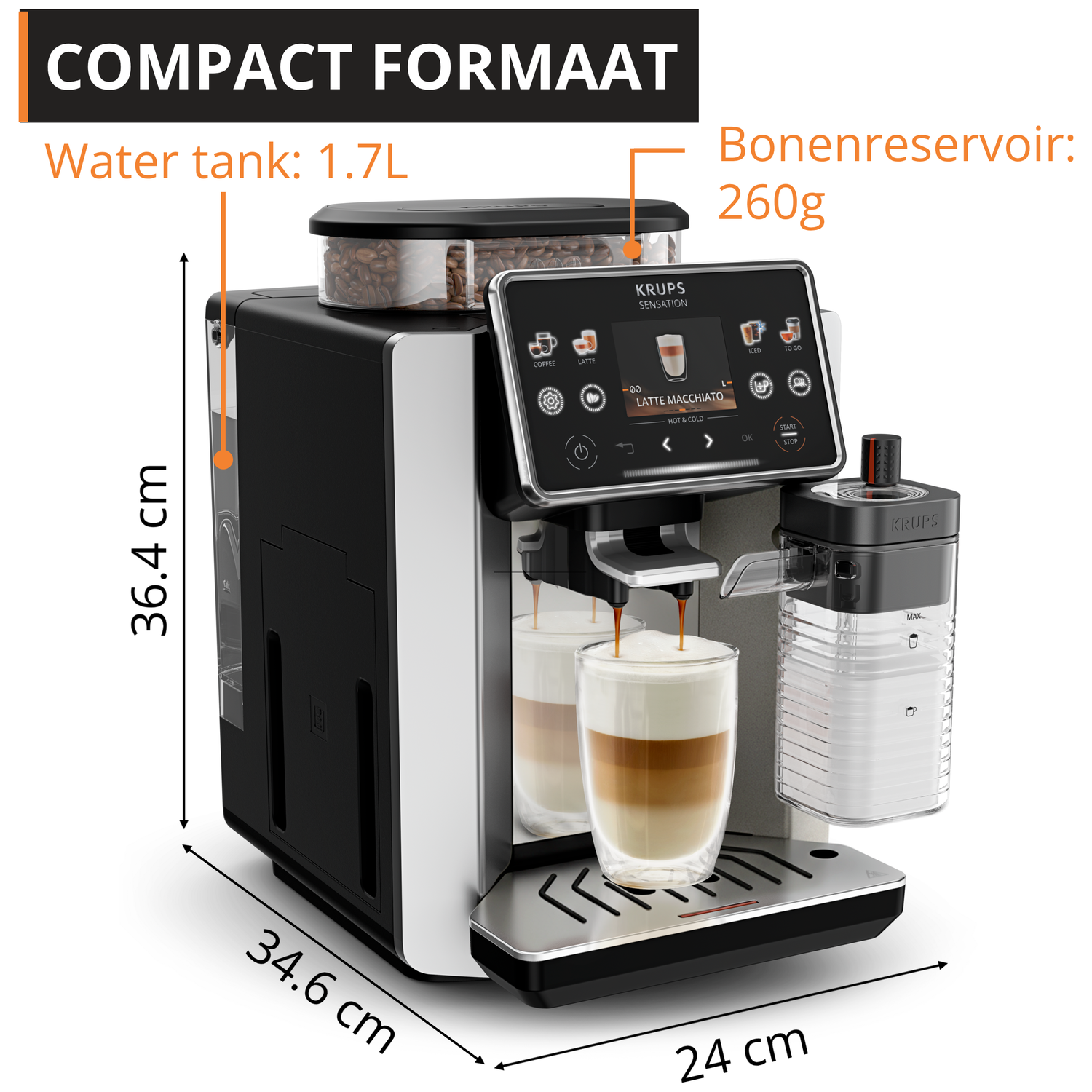Compact koffiezetapparaat met 1,7L waterreservoir en 260g bonenreservoir.