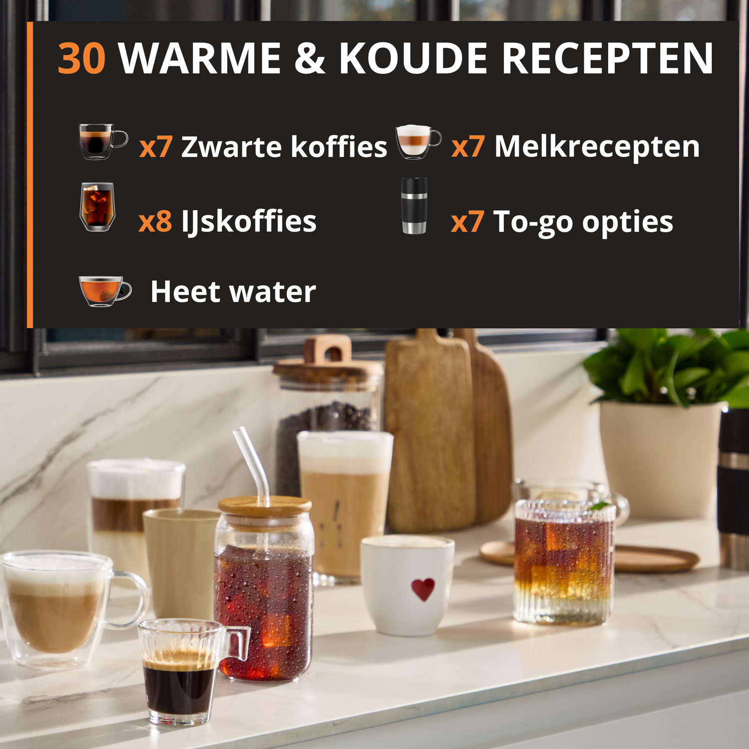 Lijst van 30 warme & koude recepten met afbeeldingen en aantallen.