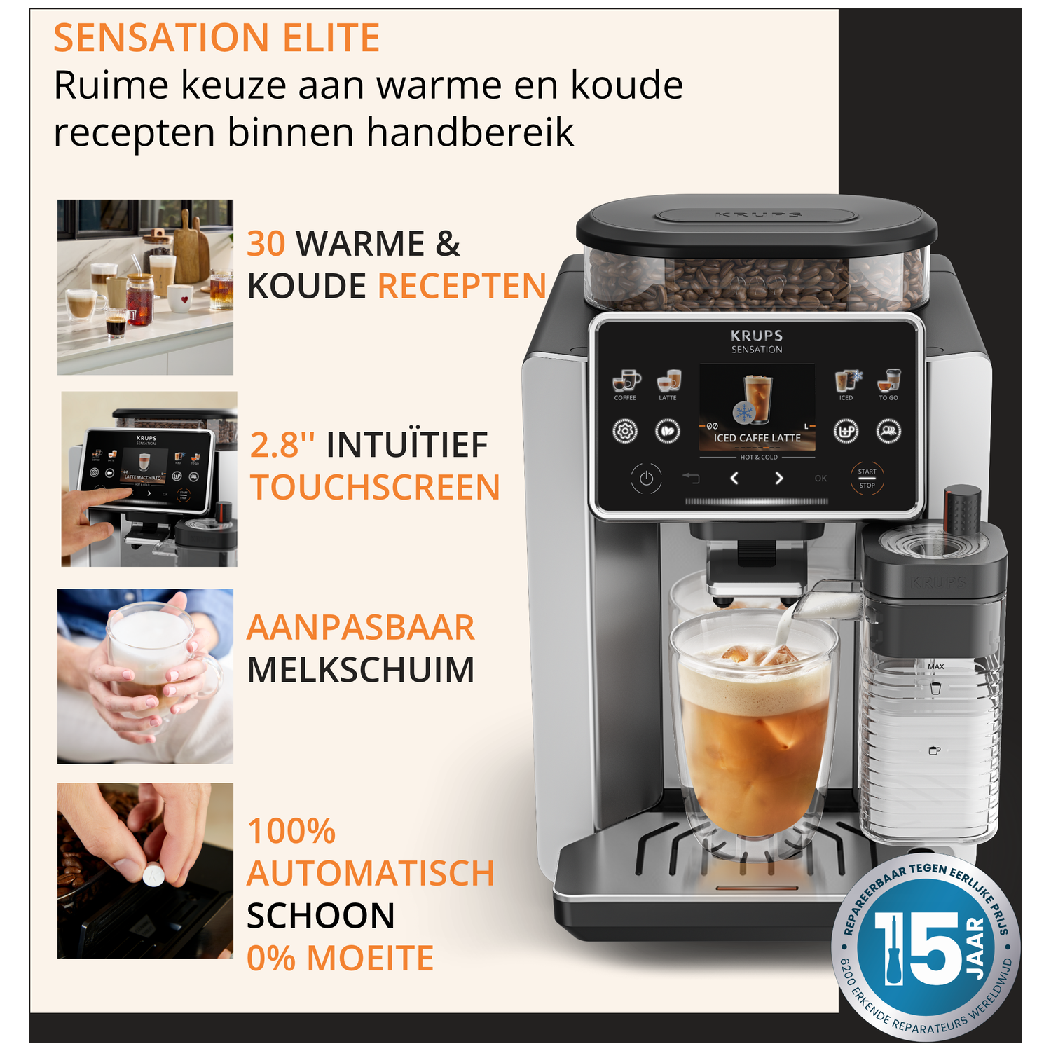 Krups Sensation Elite koffiezetapparaat met touchscreen, melkschuimer, 30 recepten.