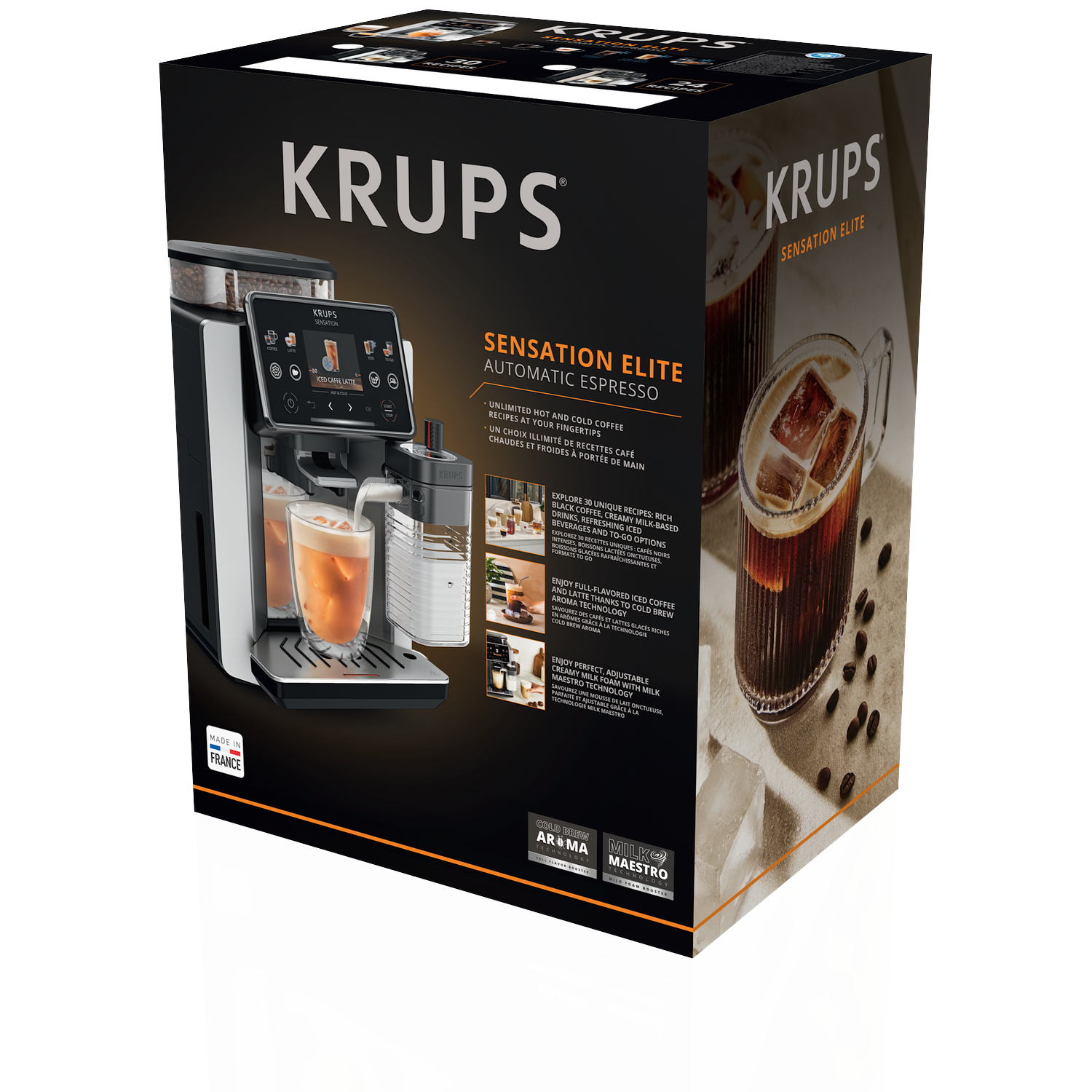 Krups Sensation Elite koffieapparaat met glas en ijs, Made in France sticker.