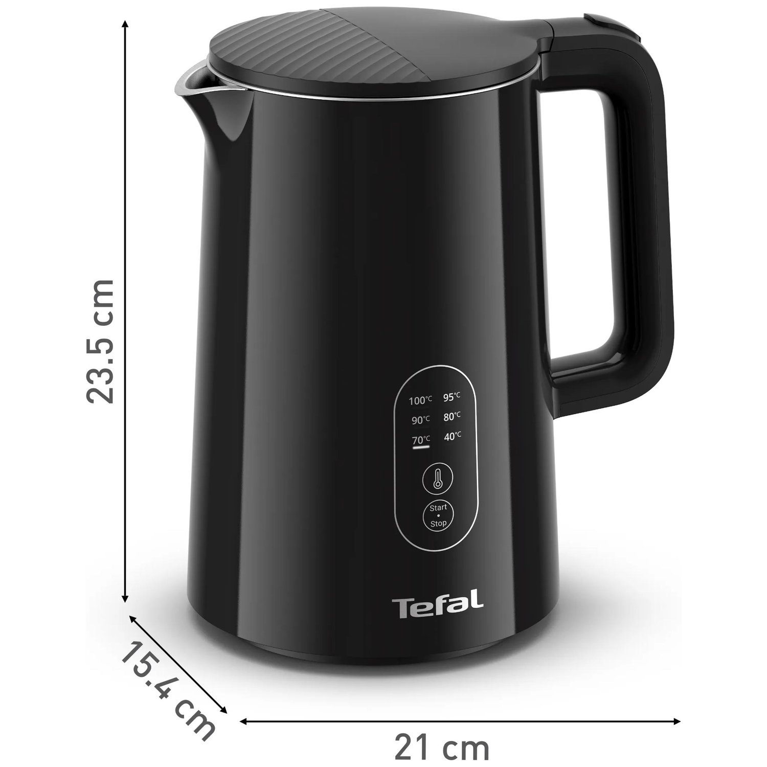 Een zwarte Tefal waterkoker met temperatuurinstellingen en afmetingen.