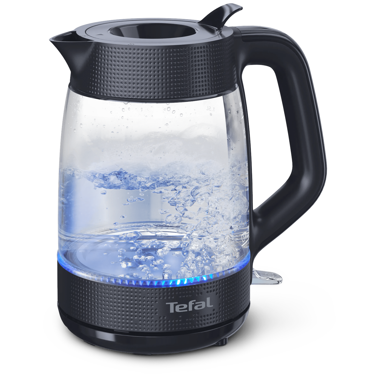 Glazen waterkoker met zwart handvat en basis, kokend water met blauw licht.