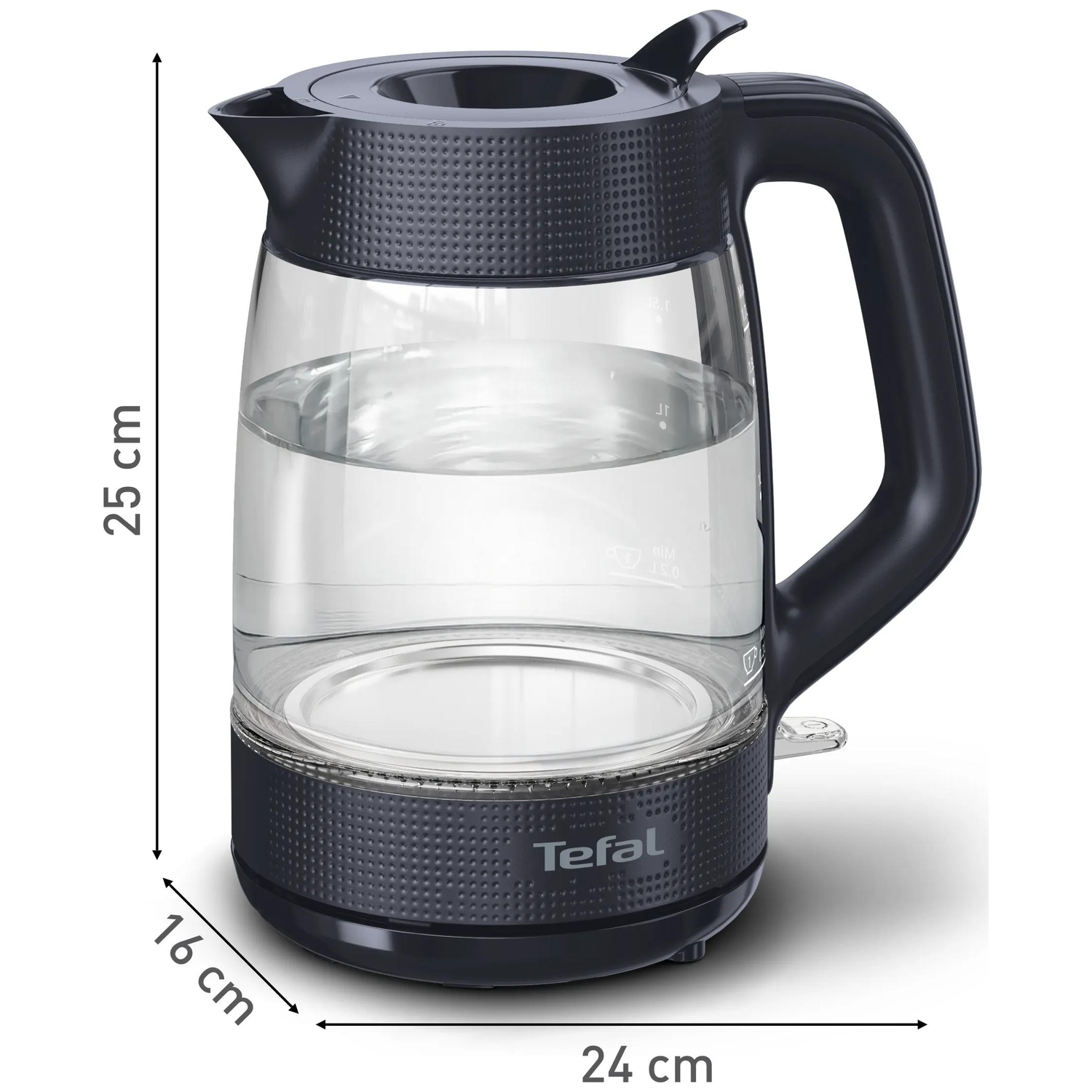 Een transparante Tefal waterkoker met zwart deksel, handvat en basis, gevuld met water.