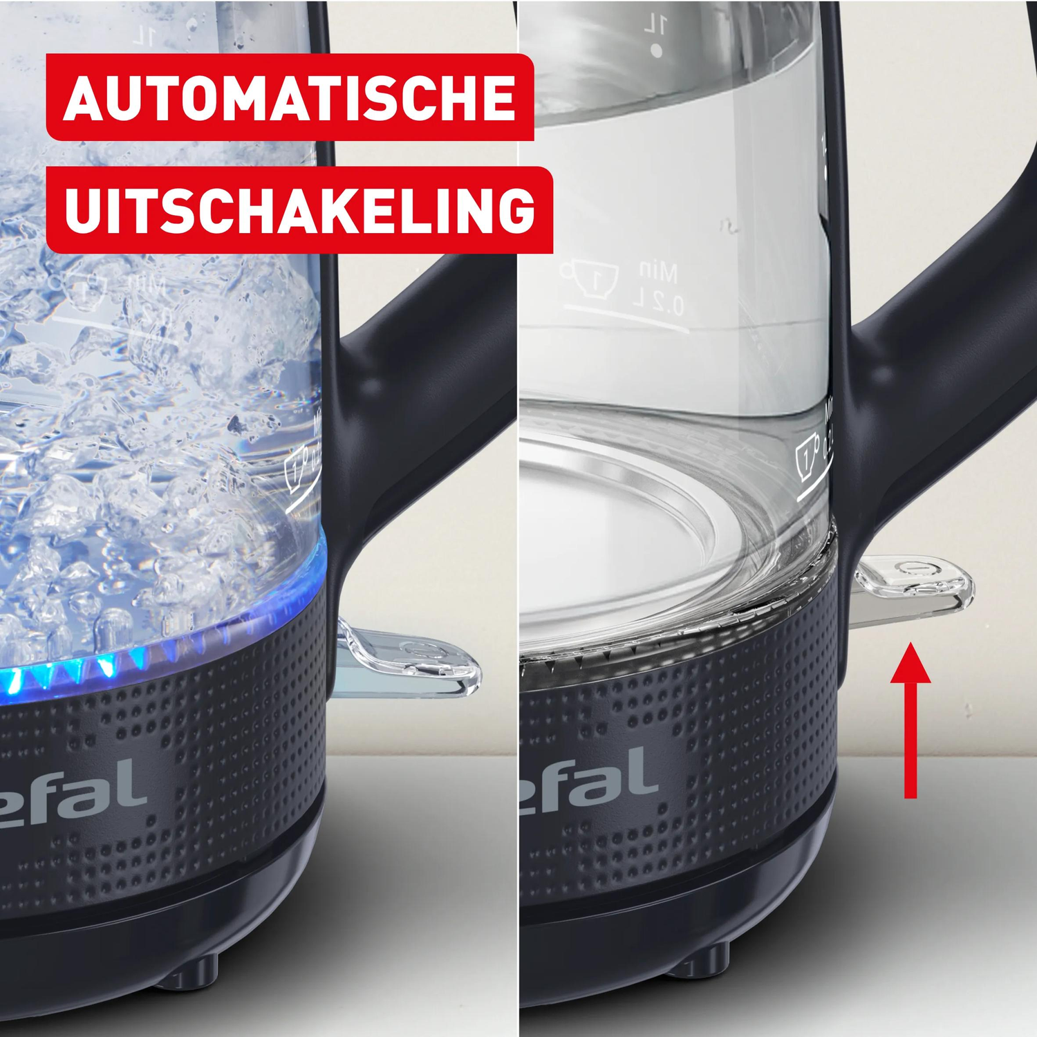 Een waterkoker wordt links getoond, met kokend water en blauw licht. De rechterkant toont hem met een rode pijlindicator.
