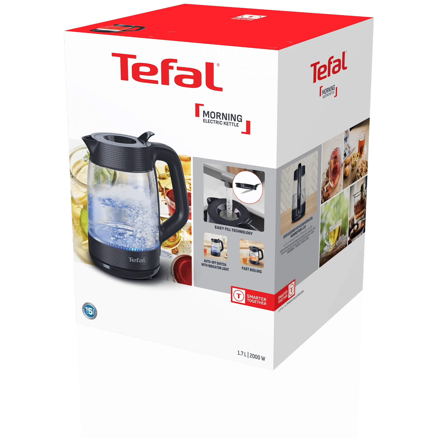 Tefal waterkoker met glazen body, zwart deksel en handvat, verlicht.