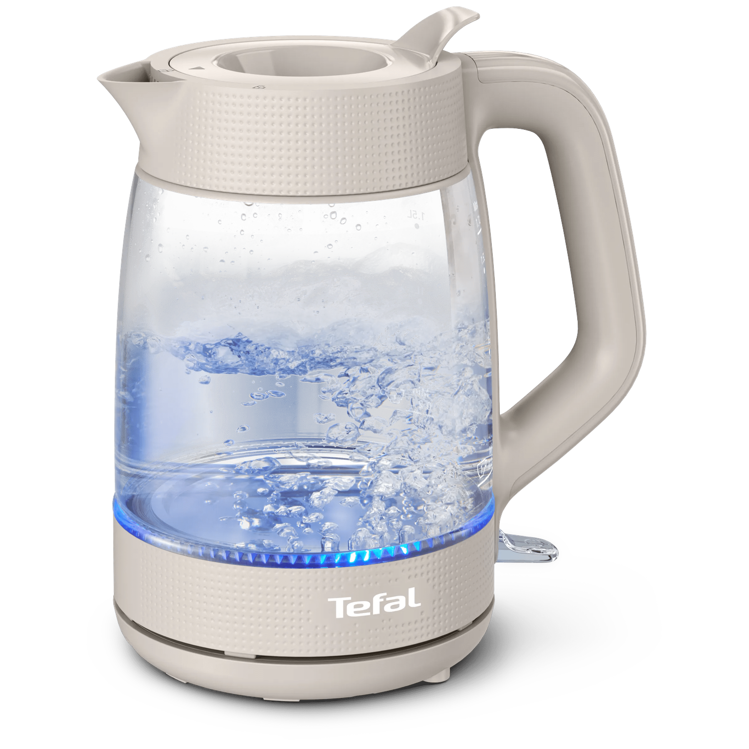A cream-colored glass kettle with boiling water, illuminated by blue light.