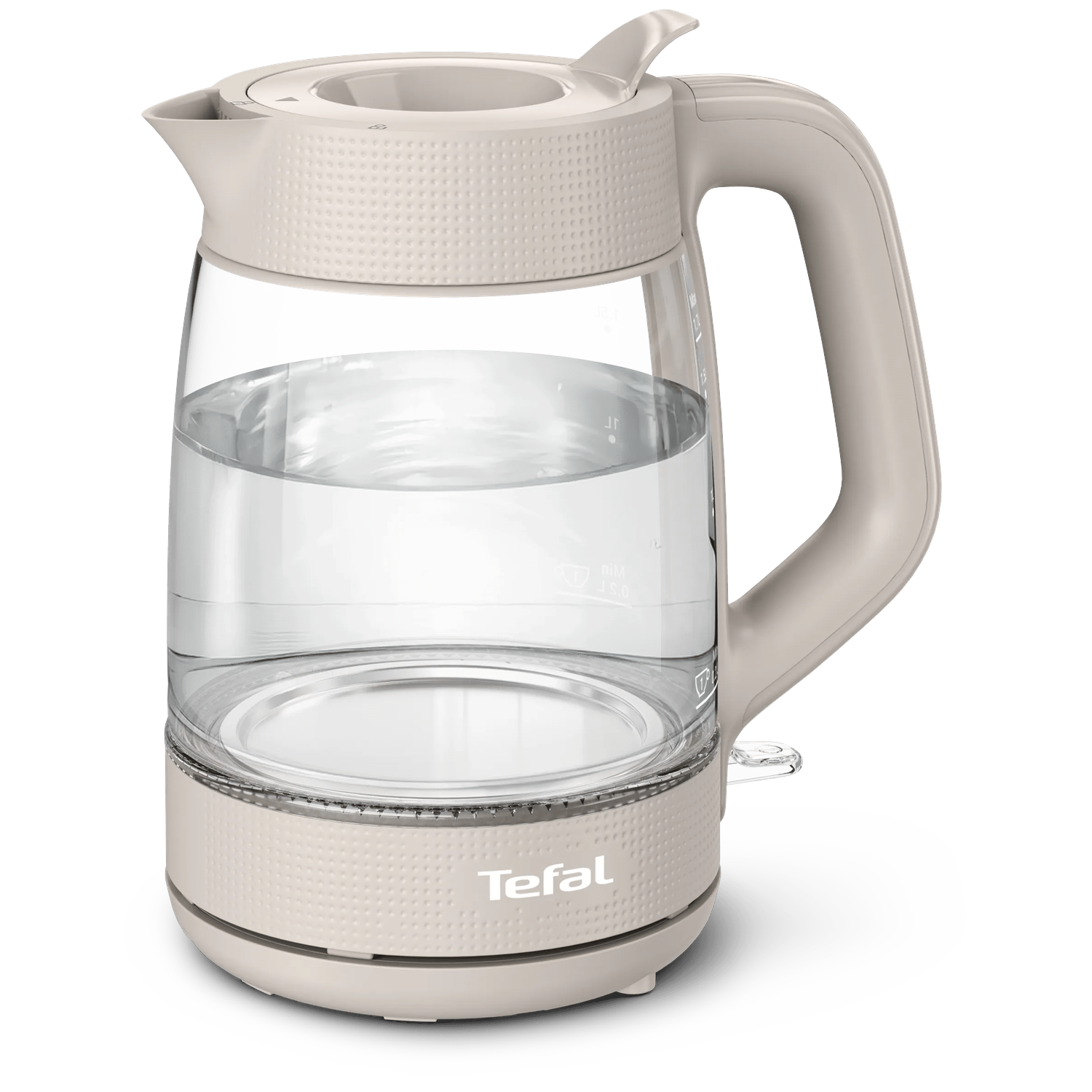 A beige glass kettle with handle and lid, filled with water.