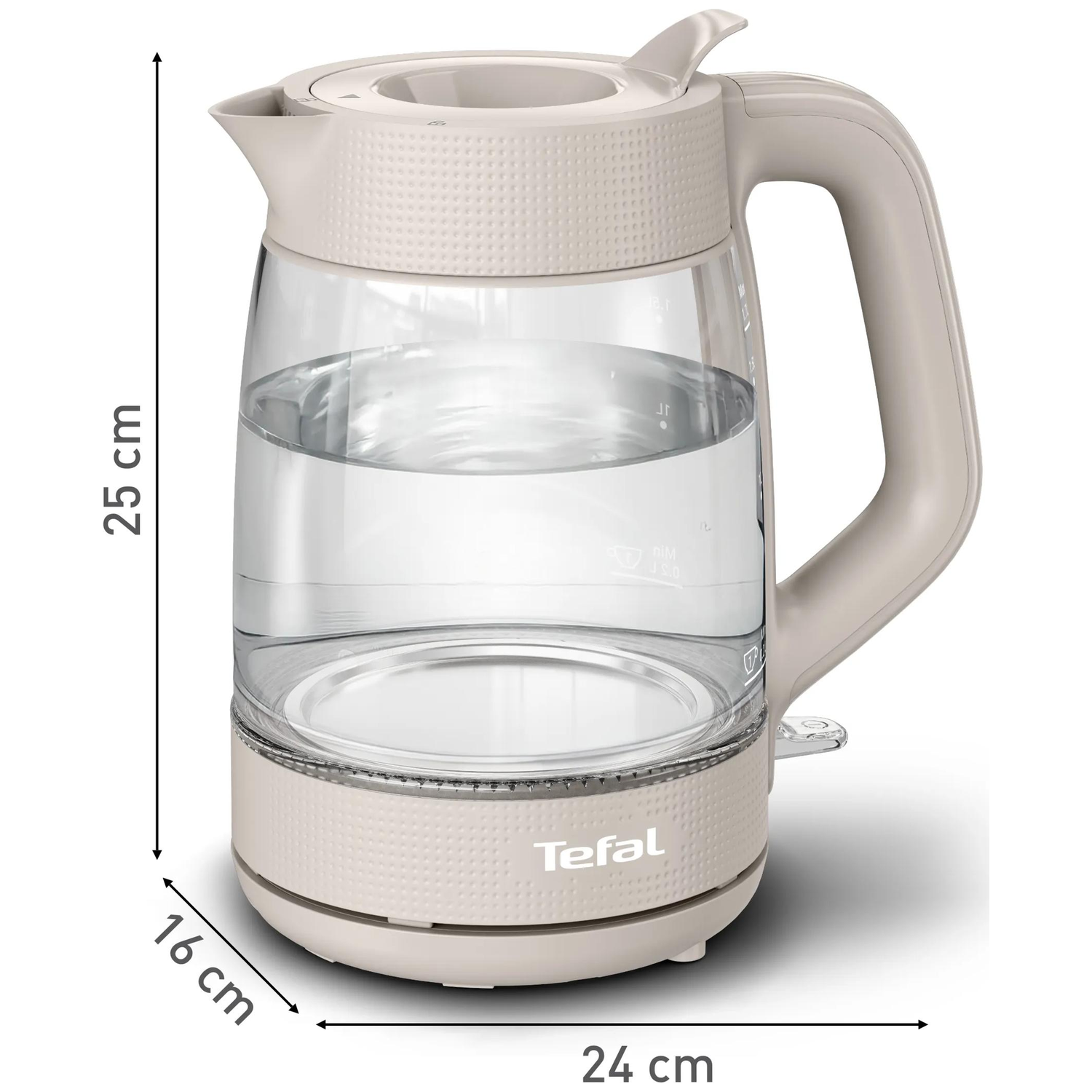 A beige glass kettle with handle and lid, half full of water.