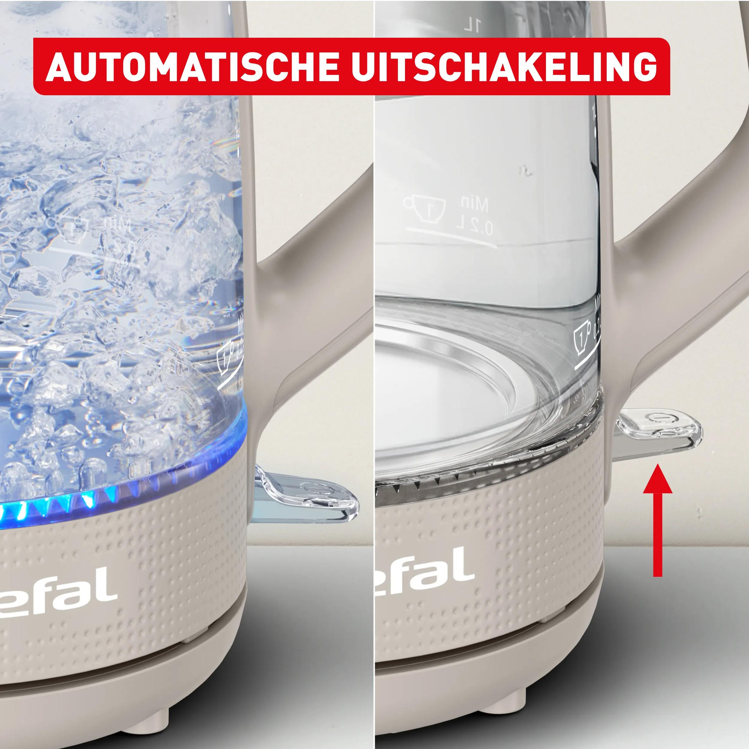 A kettle with boiling water and blue LED lighting on the left, right shows a red arrow and switch.