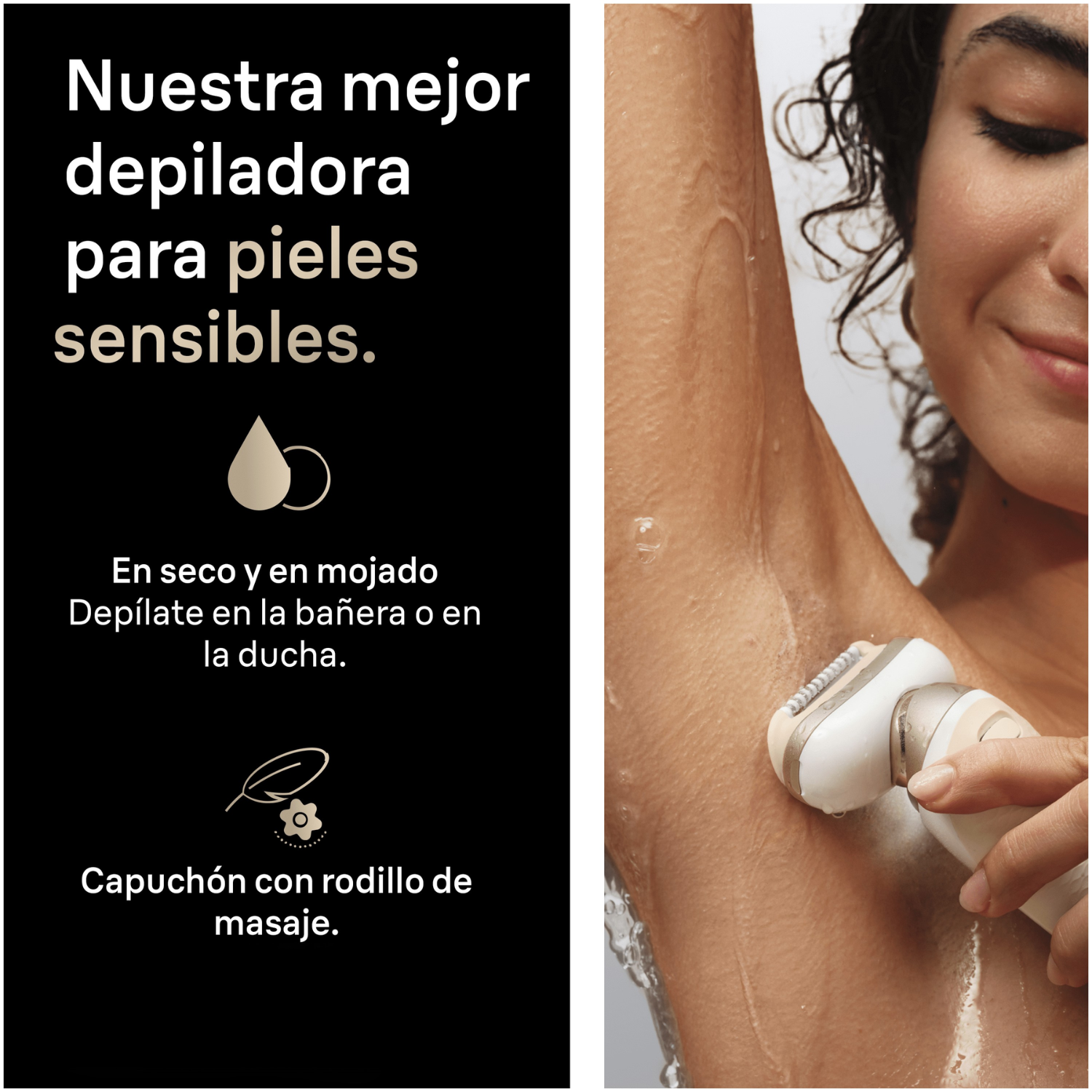 Nuestra mejor depiladora para pieles sensibles. En seco y en mojado Depílate en la bañera o en la ducha. Capuchón con rodillo de masaje.